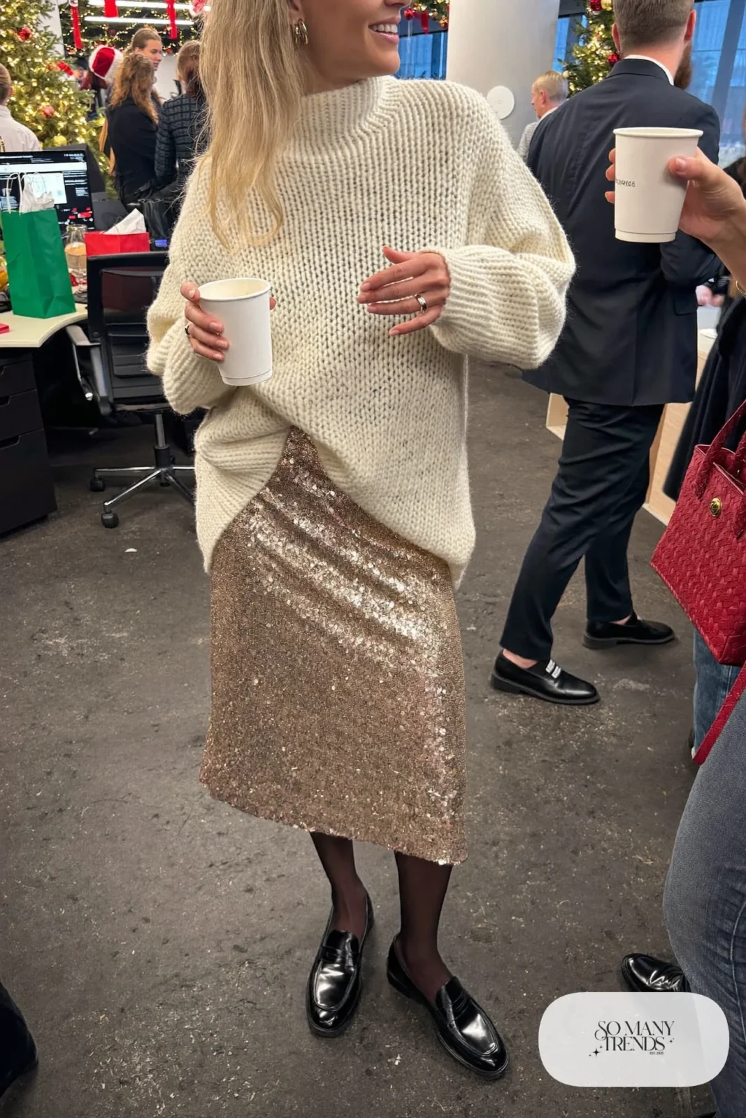gold sequin midi skirt cream chunky sweater black loafers outfit 9