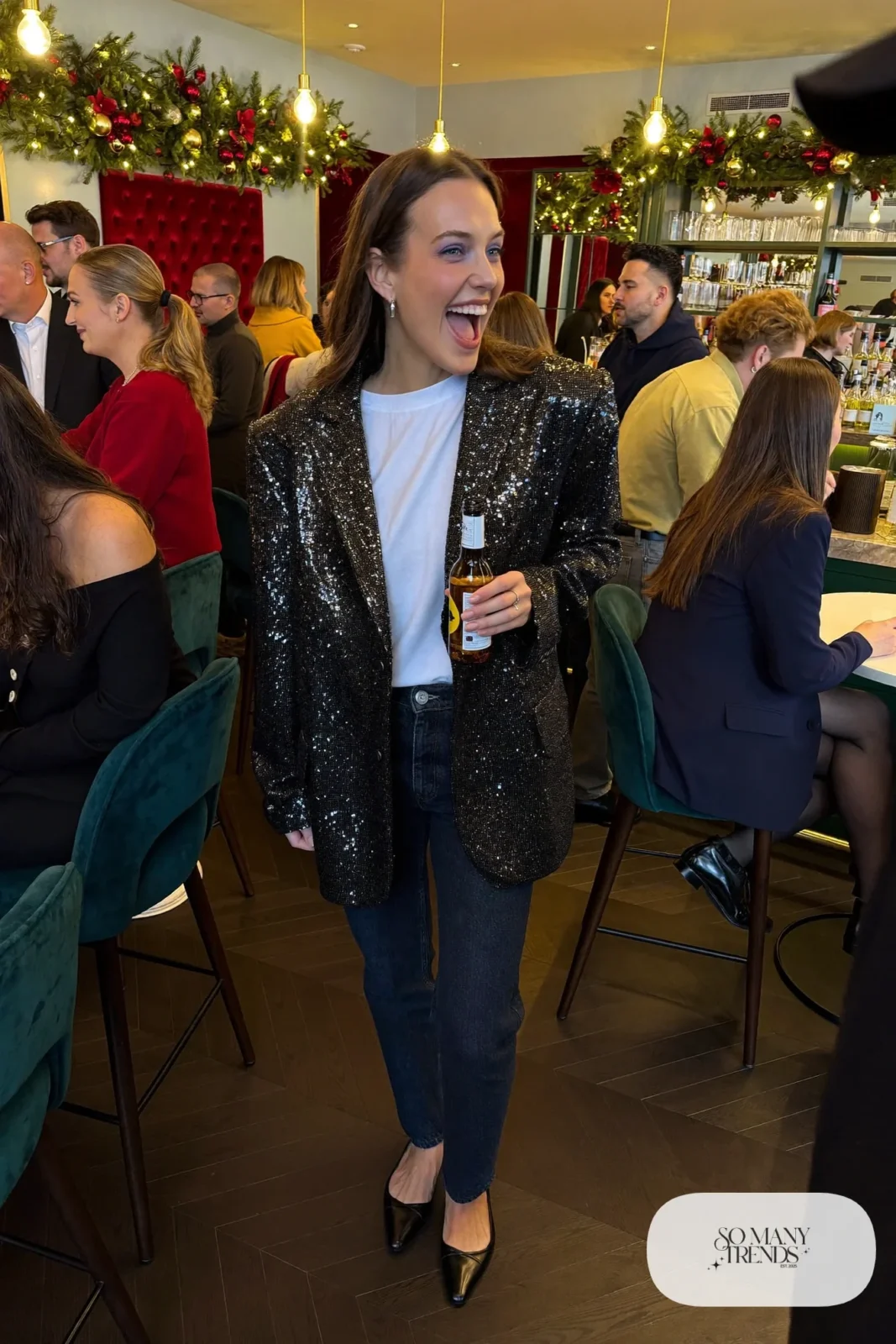 black sequin blazer white tee dark straight jeans black pointed flats outfit 12