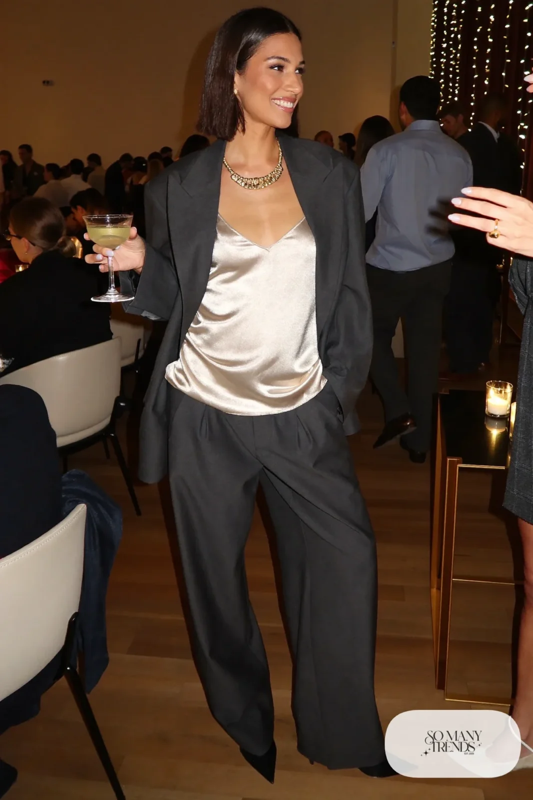 charcoal gray oversized blazer matching wide-leg pants champagne silk cami black pumps outfit 13