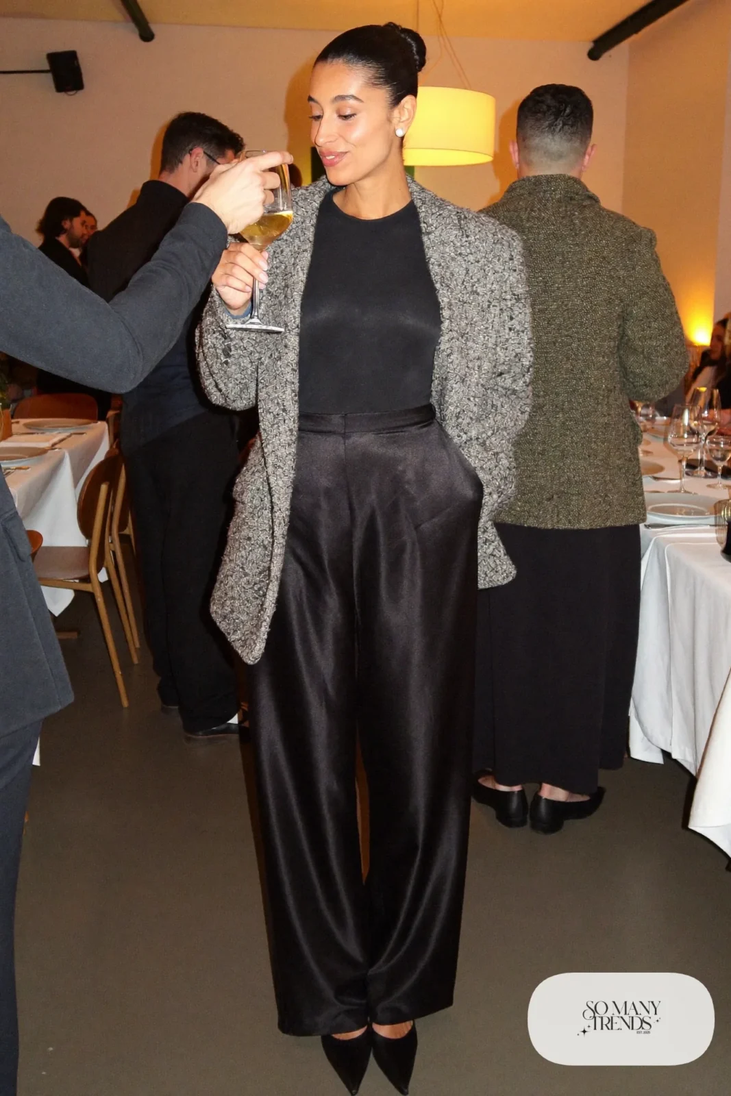 gray tweed blazer black satin wide-leg pants black top black pumps outfit 18