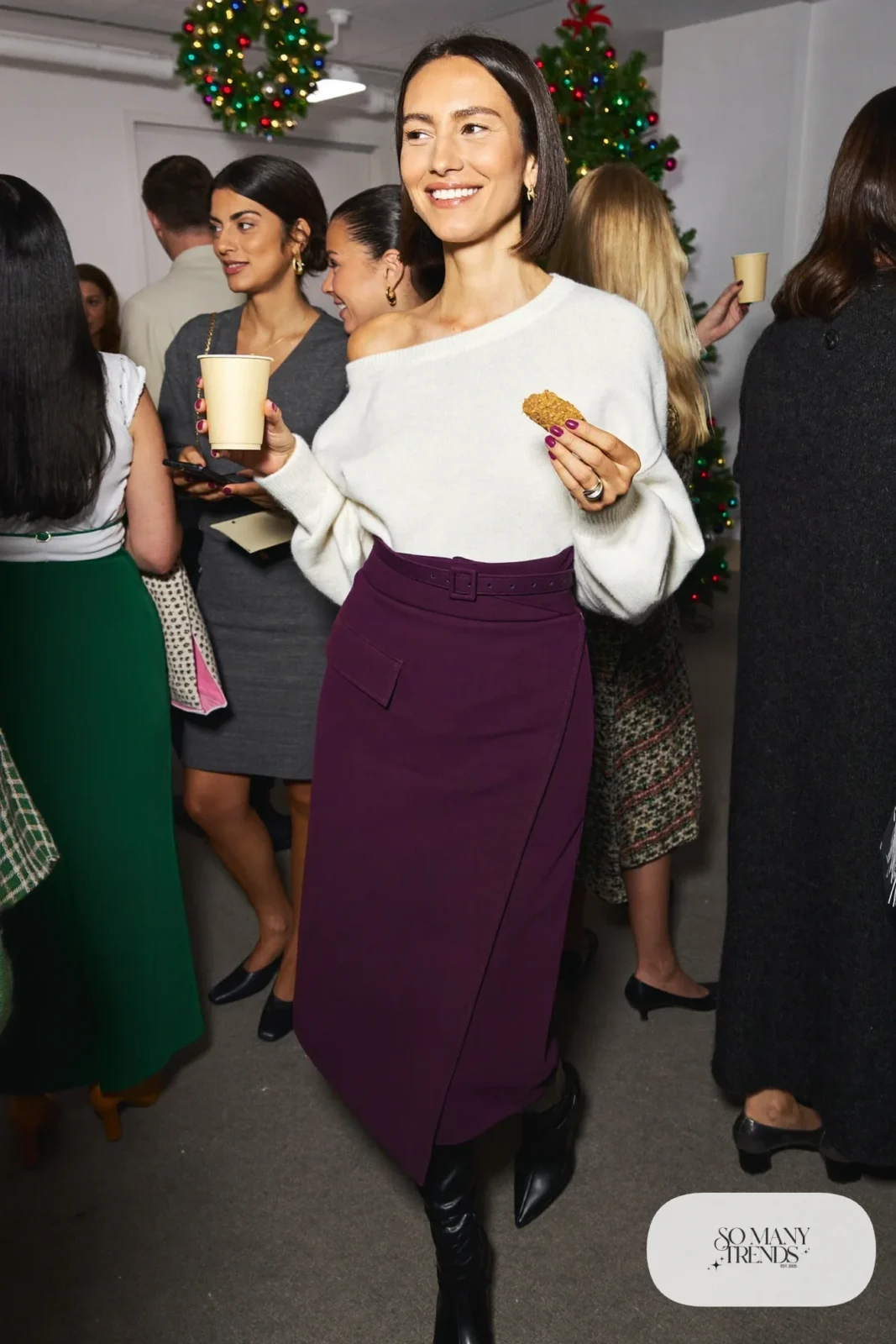 plum wrap midi skirt ivory knit sweater black tall boots outfit 21