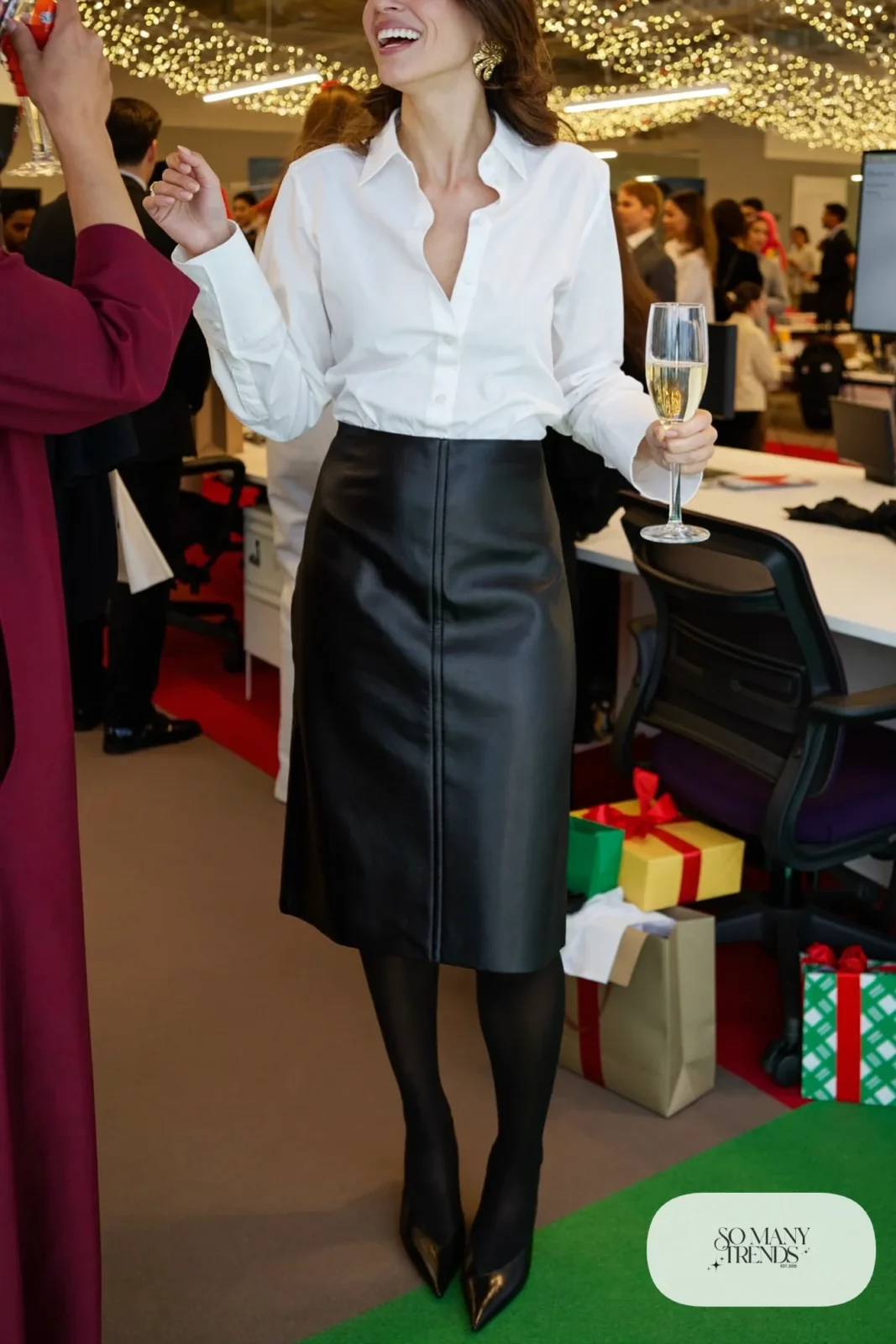 white button-up shirt black faux leather midi skirt black pointed pumps statement earrings outfit 27