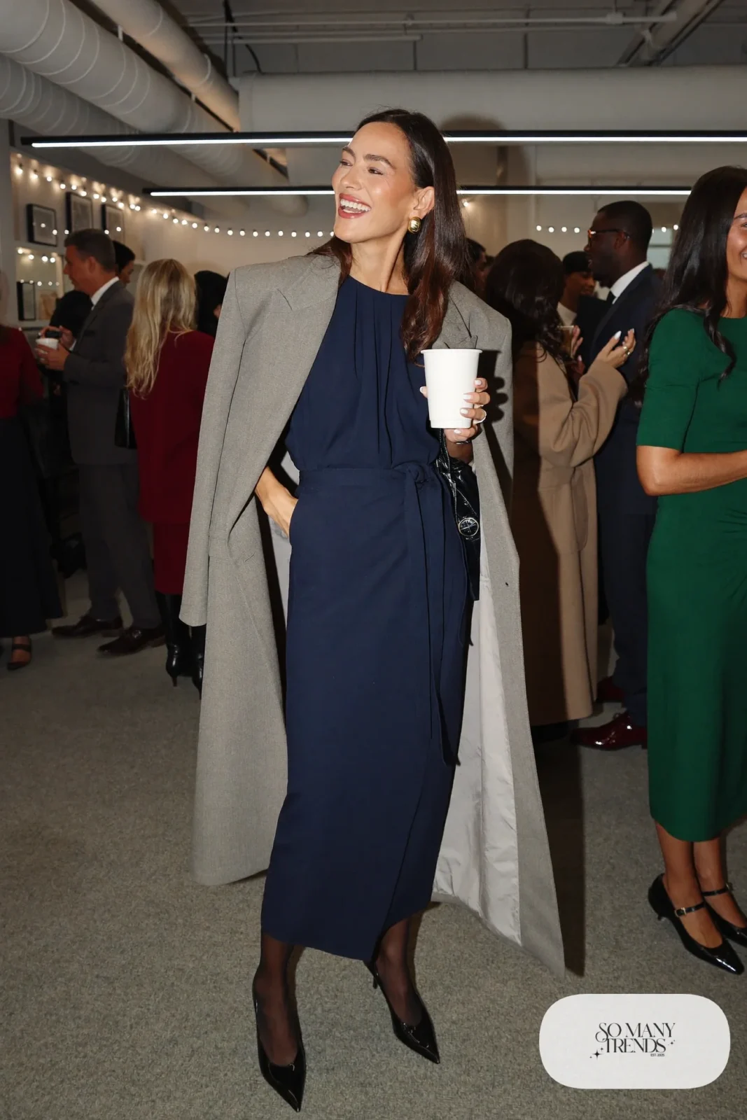 navy wrap midi dress belted gray blazer sheer tights black pumps outfit 4