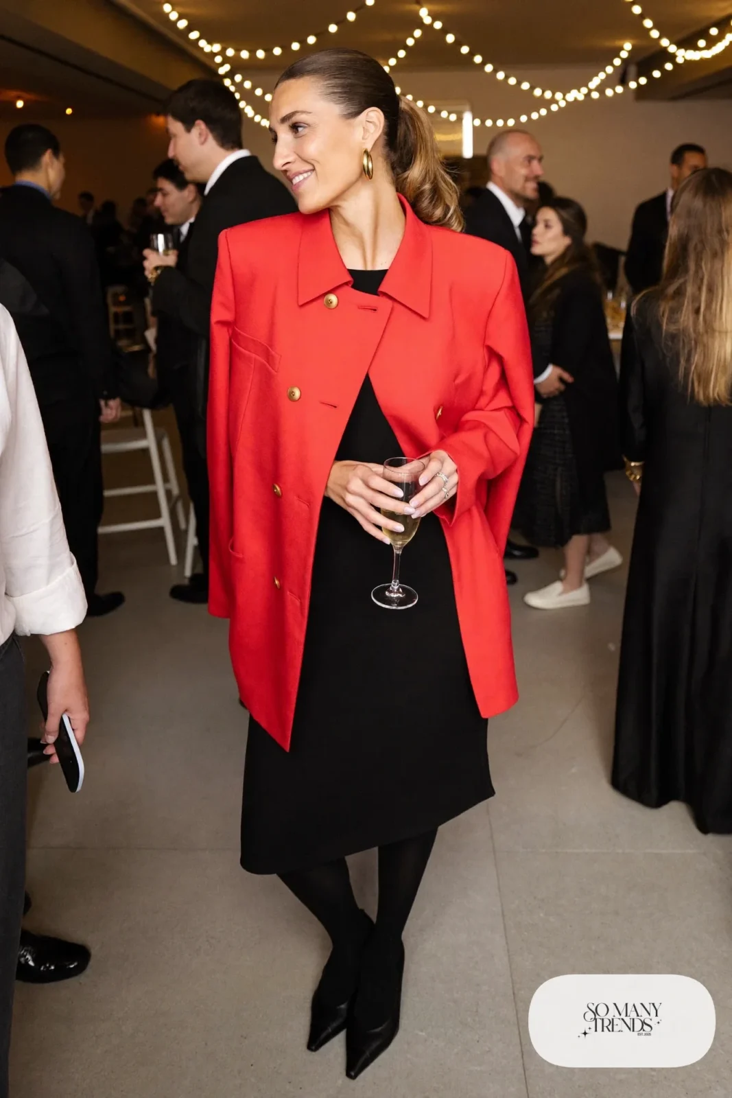 red oversized blazer black midi dress sheer tights black pumps gold earrings outfit 30