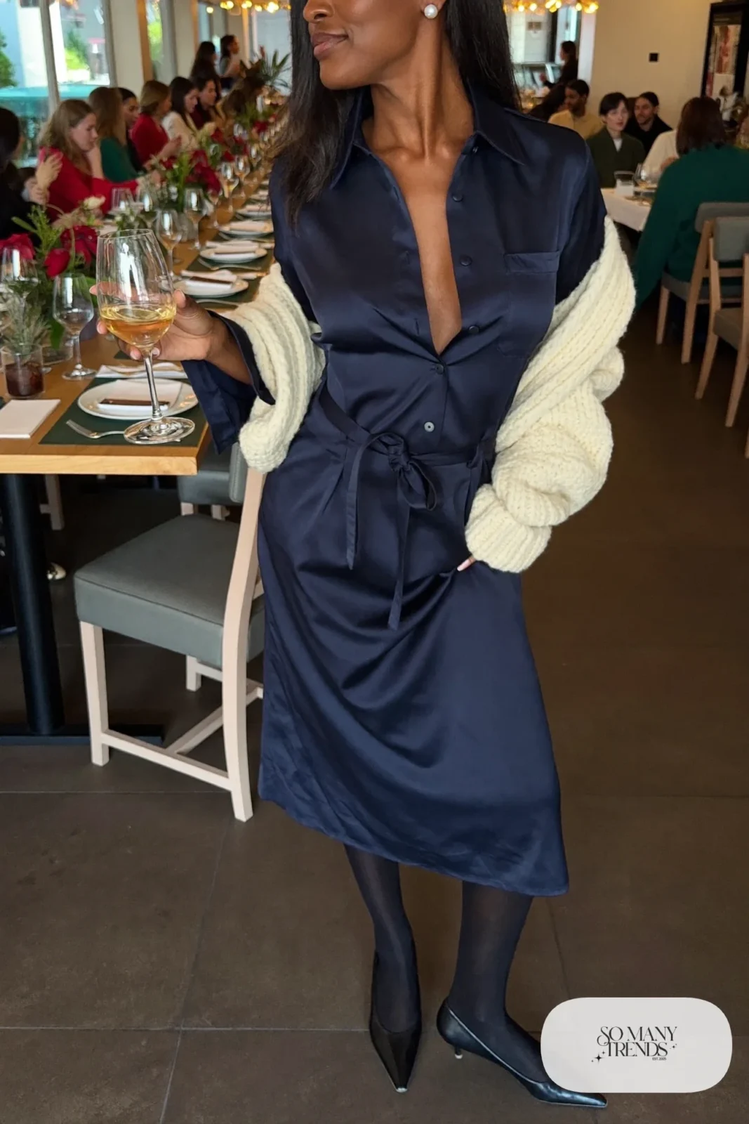 navy satin shirt dress cream cardigan black pointed flats pearl studs outfit 3