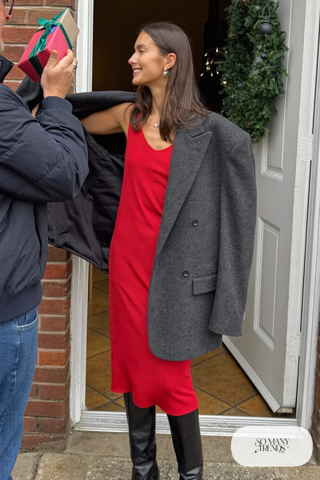 cherry red knit midi dress charcoal oversized blazer black tall boots silver earrings outfit 4