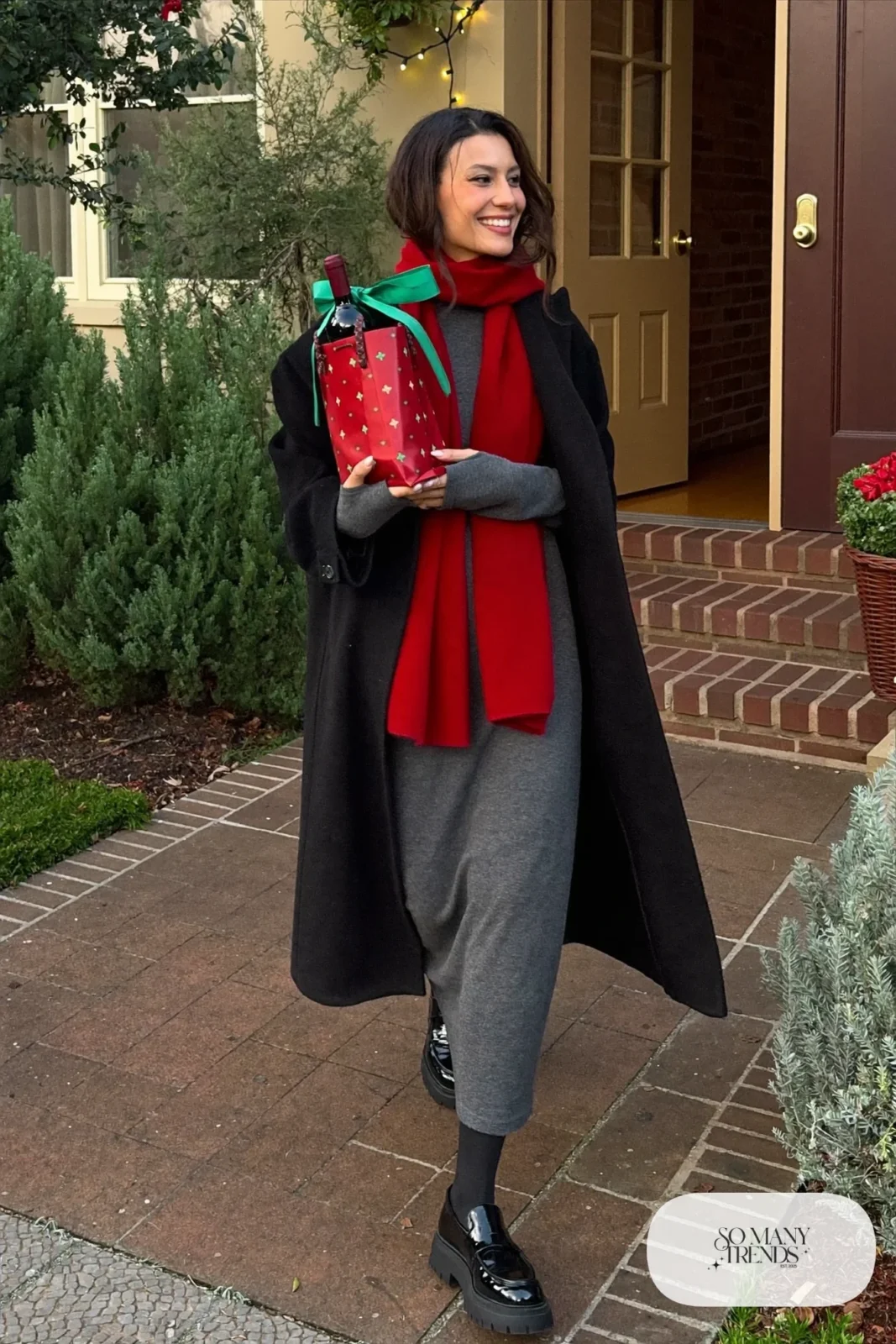 charcoal jersey maxi dress long black wool coat chunky loafers cherry red scarf outfit 6