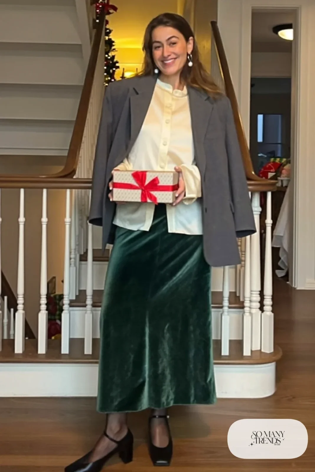 forest green velvet midi skirt cream silk blouse charcoal blazer black mary janes pearl earrings outfit 9
