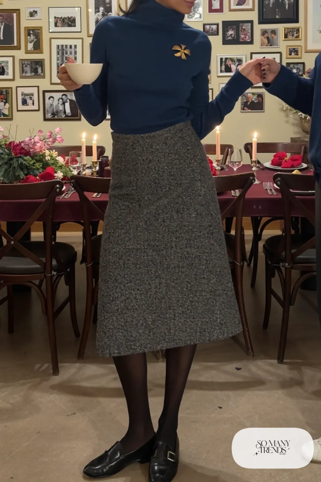 gray tweed midi skirt navy turtleneck black loafers sheer tights brooch outfit 11