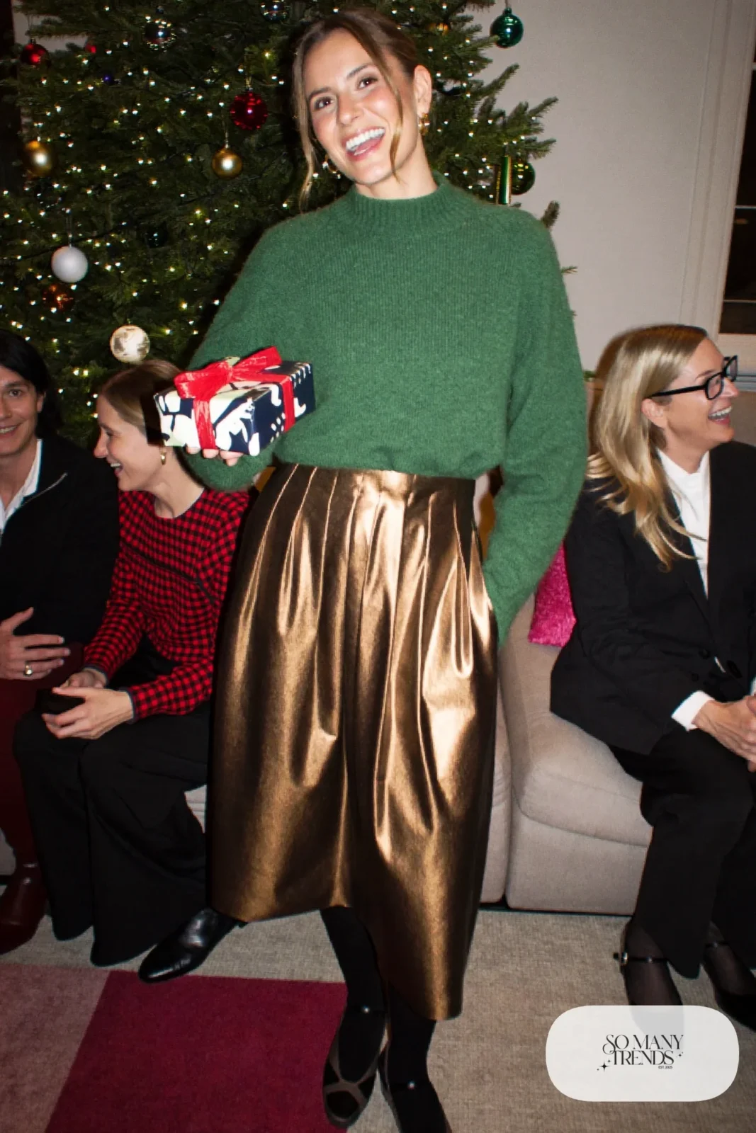 bronze pleated metallic midi skirt forest green wool sweater black ankle strap flats outfit 12