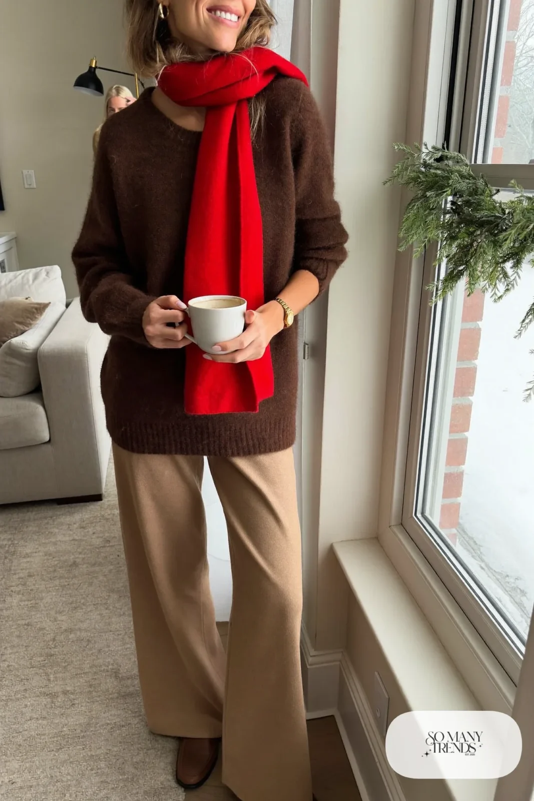 camel wide leg pants chocolate brown sweater cherry red scarf brown ankle boots outfit 16