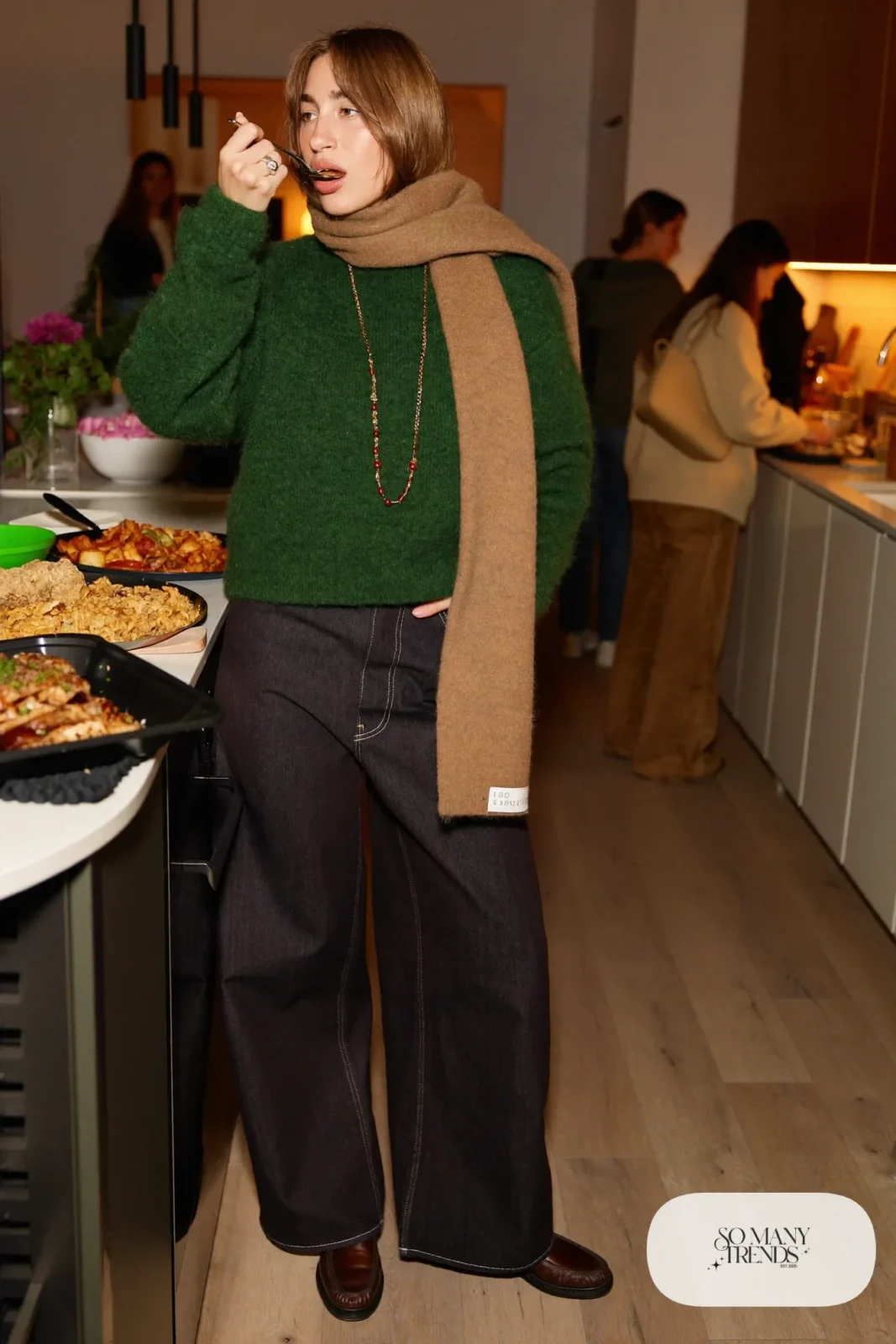 dark wide leg jeans forest green soft sweater brown loafers gold chain camel scarf outfit 20
