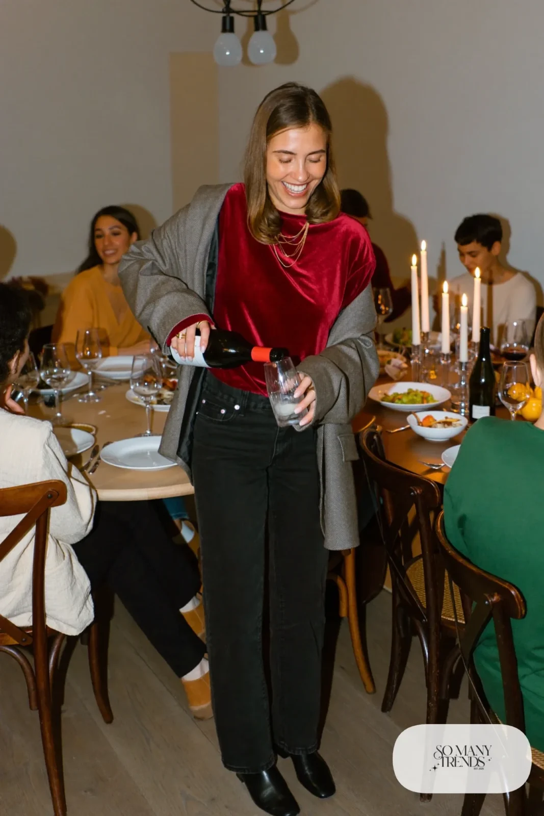 black straight jeans cherry velvet top oversized gray blazer black ankle boots layered necklaces outfit 21