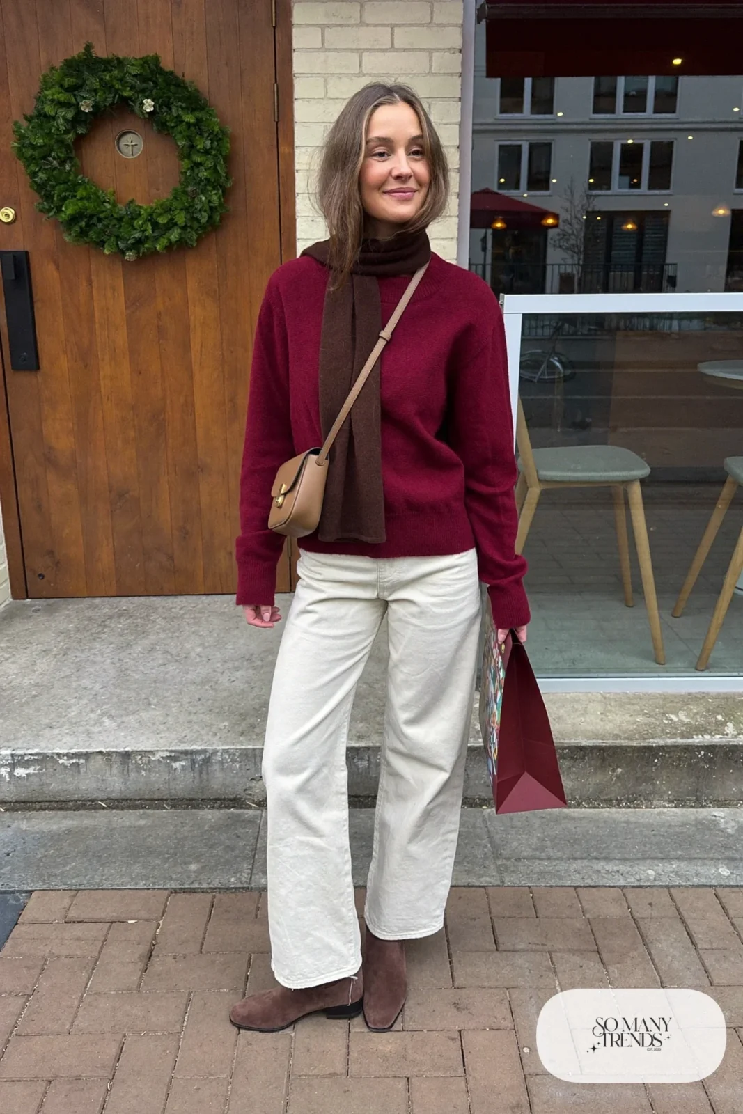 cream straight jeans burgundy sweater brown suede ankle boots chocolate scarf crossbody bag outfit 22