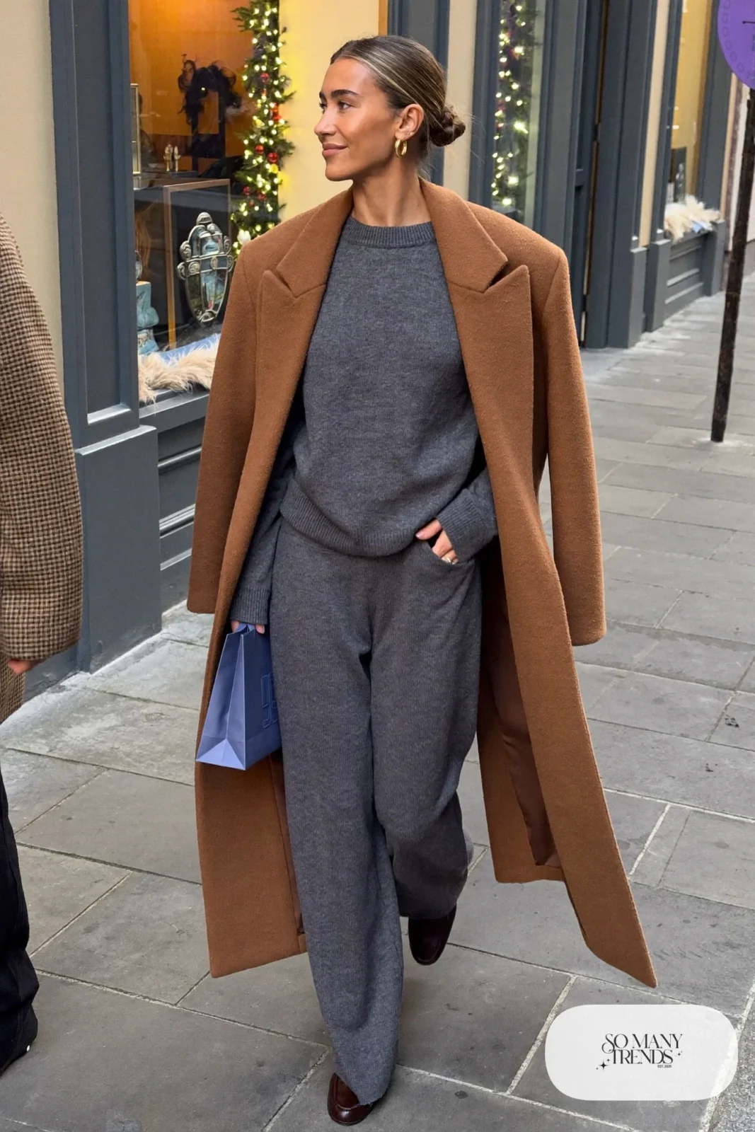 charcoal knit wide leg pants matching sweater long camel coat brown loafers gold hoops outfit 24