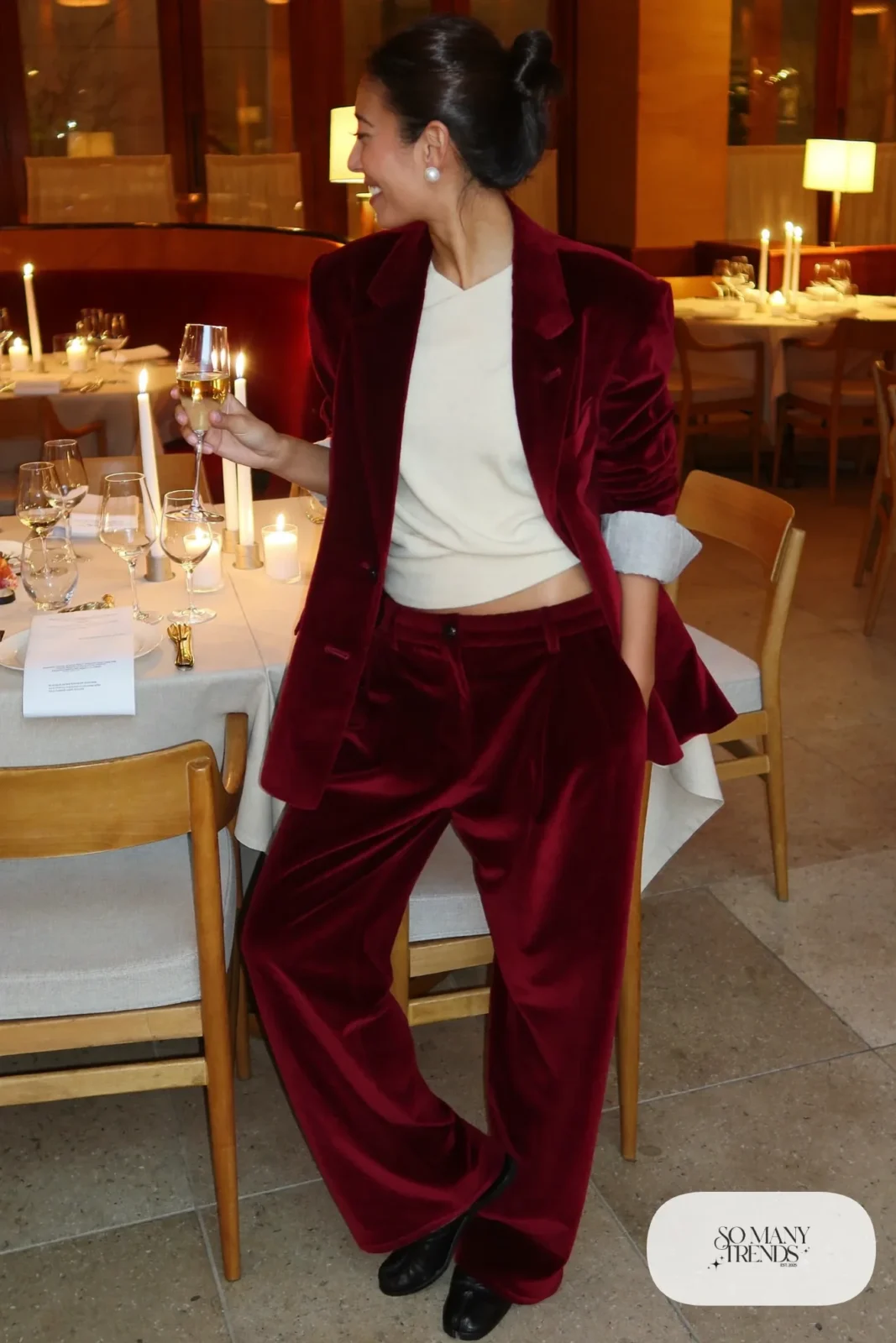 burgundy velvet blazer wide leg pants set cream knit top black loafers pearl earrings outfit 25