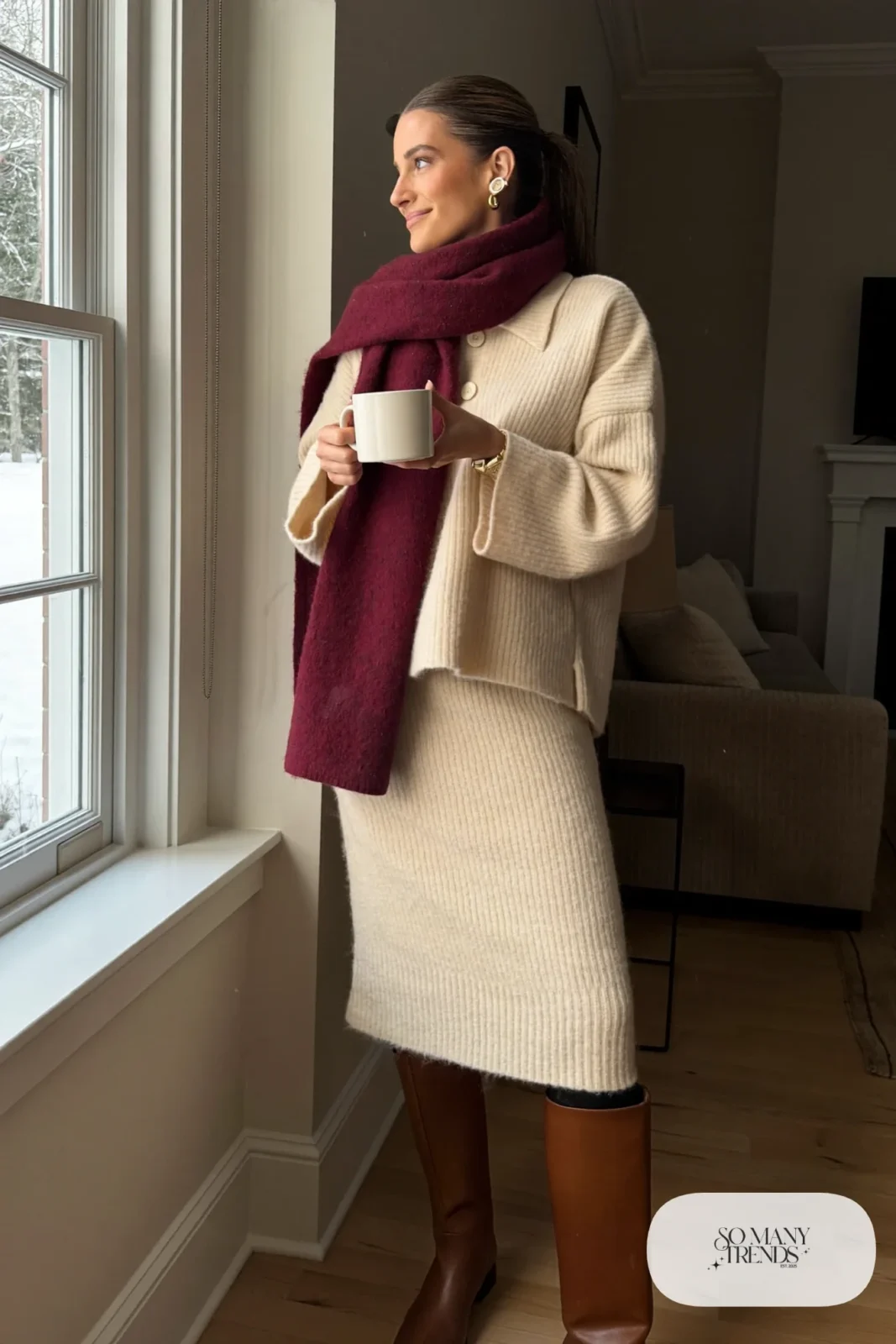 cream knit midi skirt sweater set burgundy scarf tall brown boots gold watch outfit 27