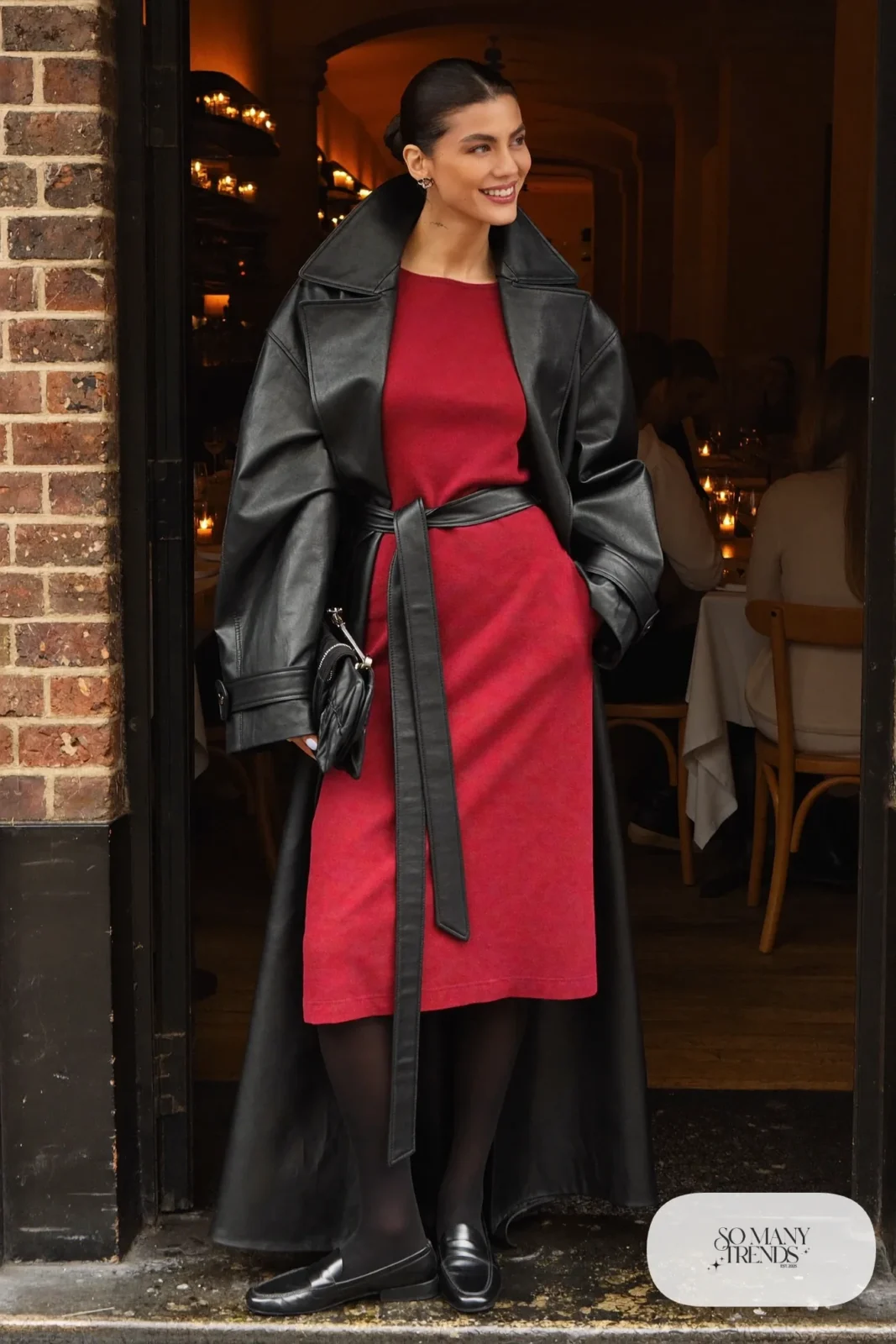 red knit midi dress oversized black trench coat black tights leather loafers outfit 3