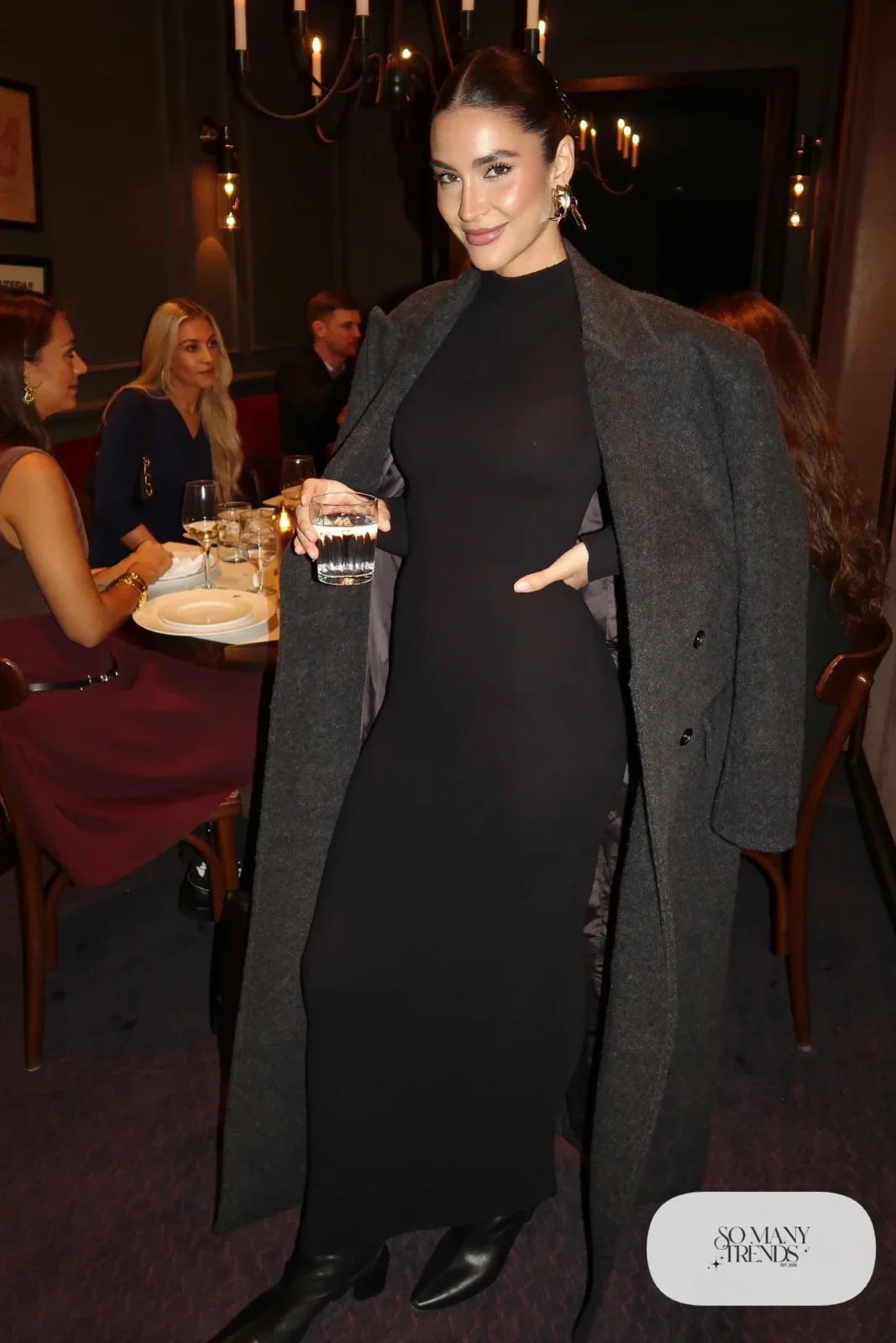black jersey maxi dress statement earrings black ankle boots long charcoal coat outfit 8