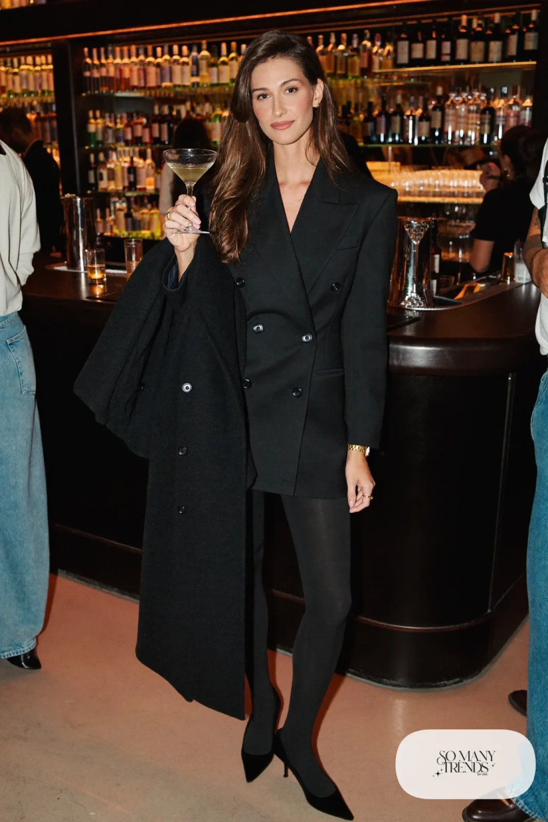 black blazer dress sheer tights black pointed pumps long wool coat outfit 9