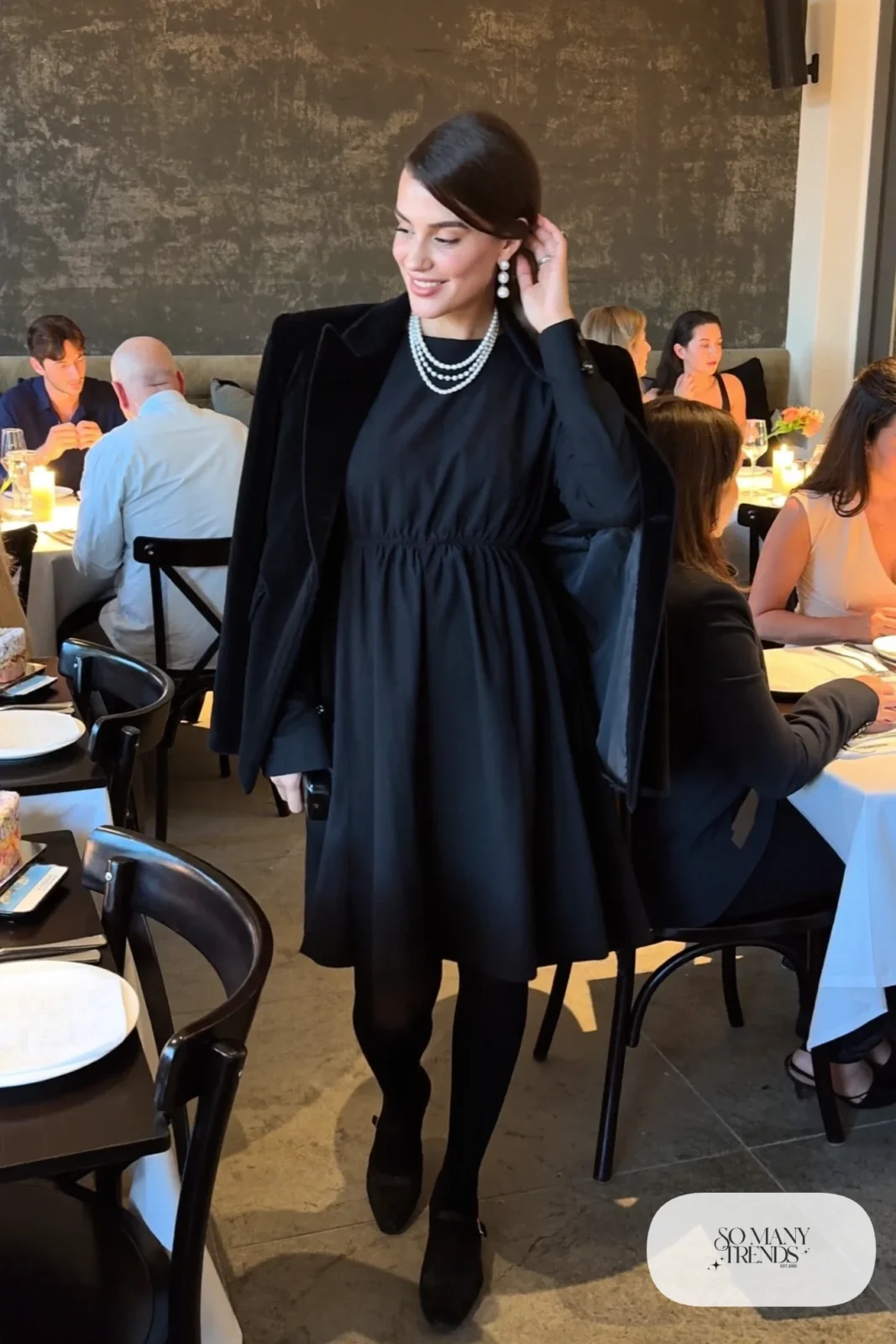 black seamed bodice dress pearl necklace black velvet blazer sheer tights black mary janes outfit 10