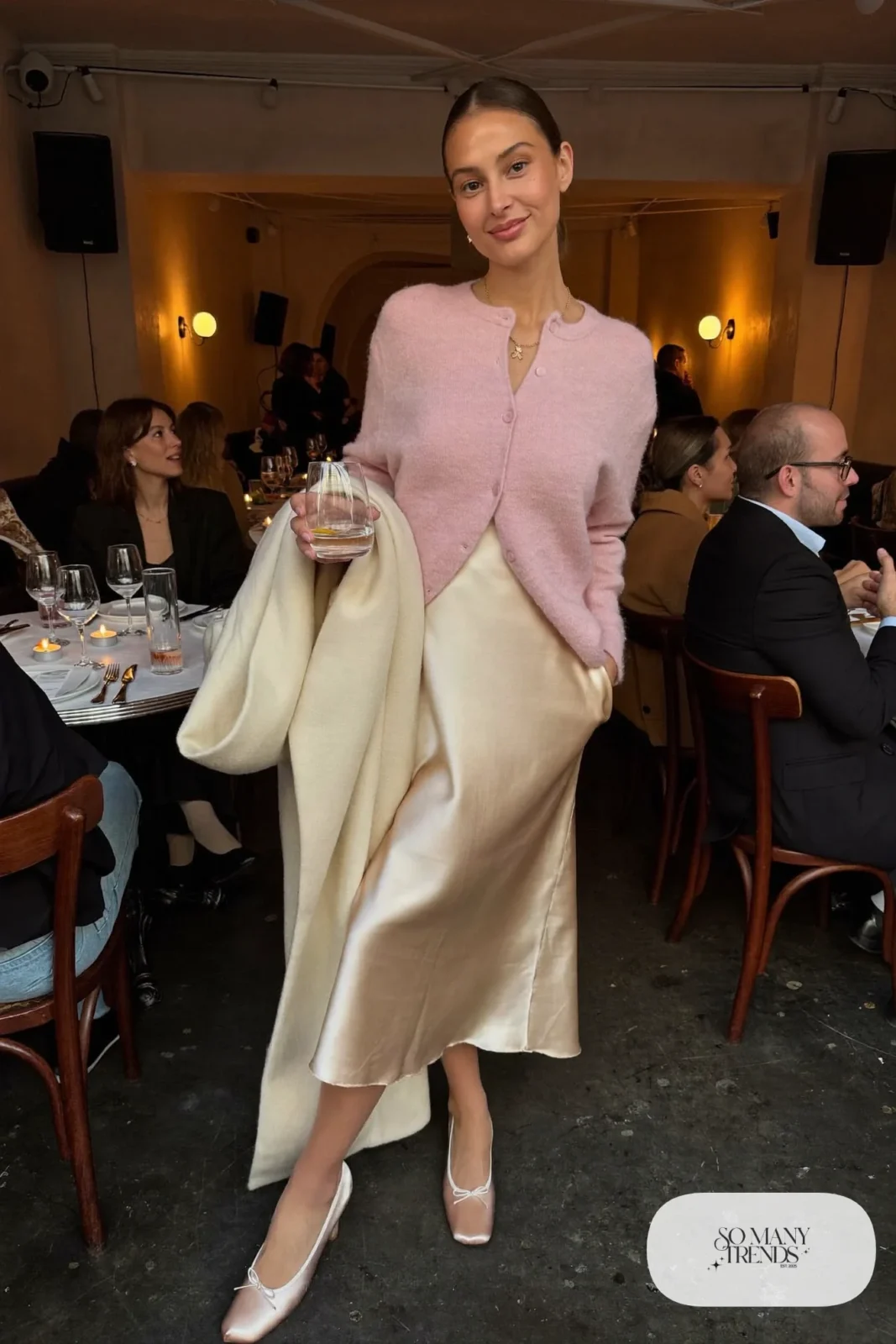 pink knit cardigan champagne silk slip dress sheer tights satin ballet flats long cream coat outfit 15