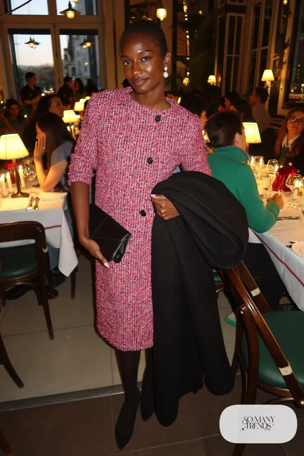 rose pink tweed jacket and knee-length skirt set black sheer tights black pumps long black coat outfit 16