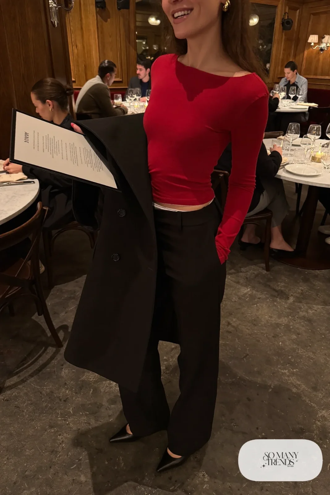 red fitted long-sleeve top black tailored pants oversized black blazer black pumps long wool coat outfit 20