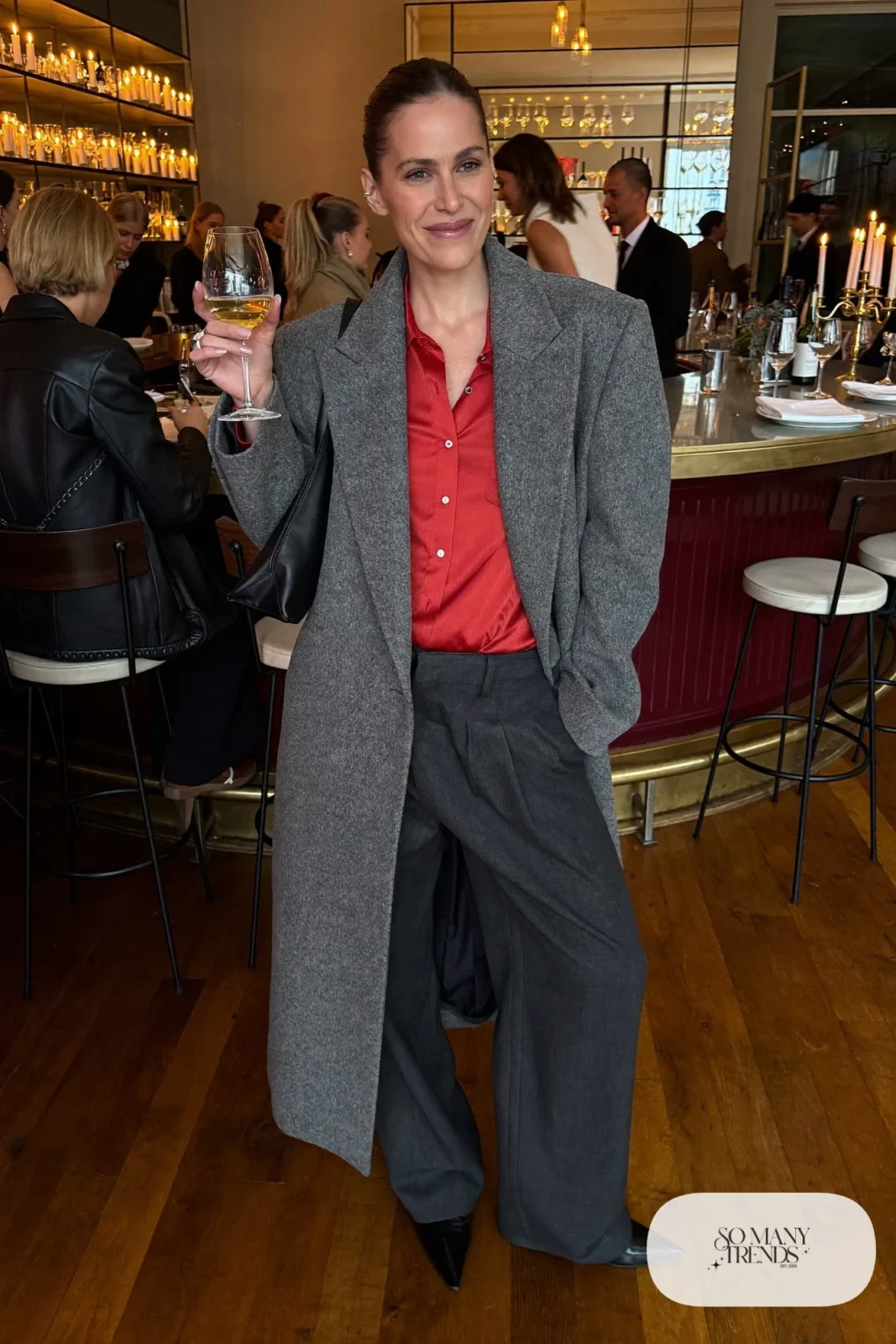 charcoal wool wide-leg pants red silk shirt long gray coat black pointed loafers small black bag outfit 24