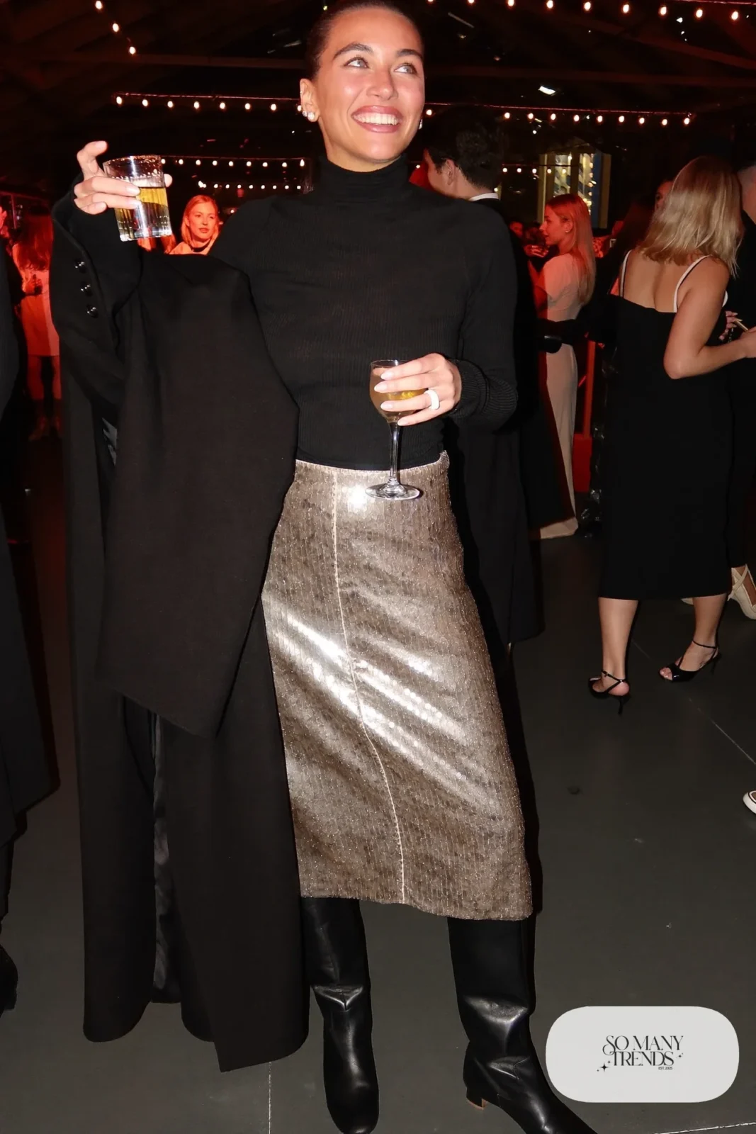 champagne sequin midi skirt black turtleneck tall black boots long black coat outfit 28