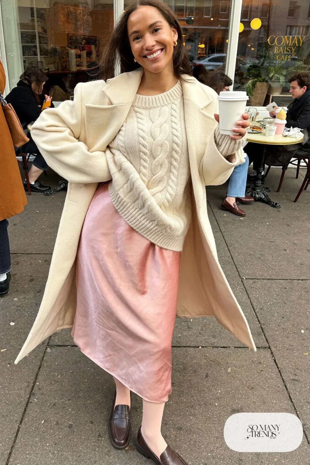 blush pink satin midi skirt cream cable knit sweater cream wool coat brown loafers sheer tights galentines brunch outfit 1