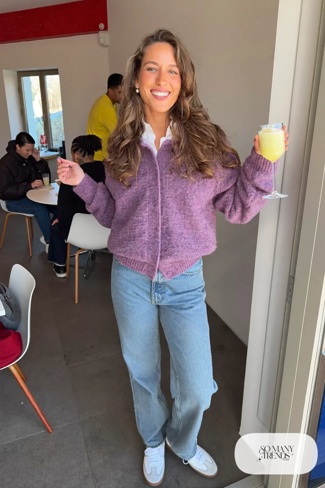 lavender knit cardigan white collared shirt light wash straight jeans white sneakers pearl earrings galentines brunch outfit 3
