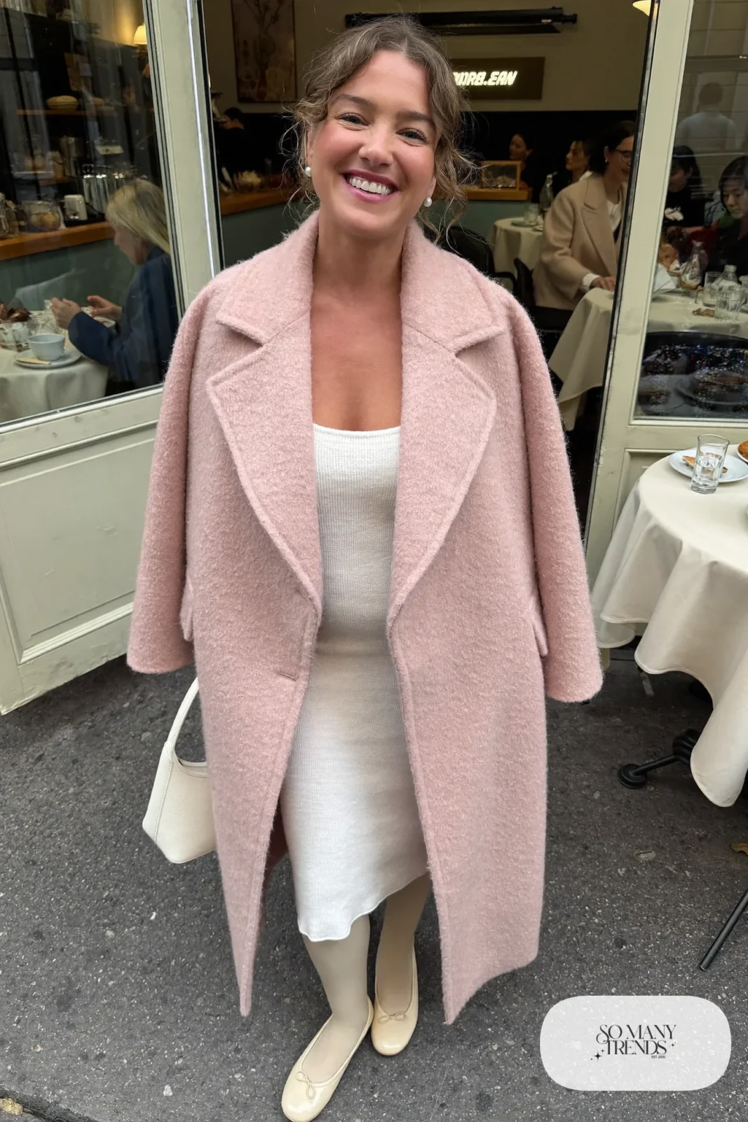 long pink wool coat white knit midi dress sheer tights cream flats white shoulder bag galentines outfit 5