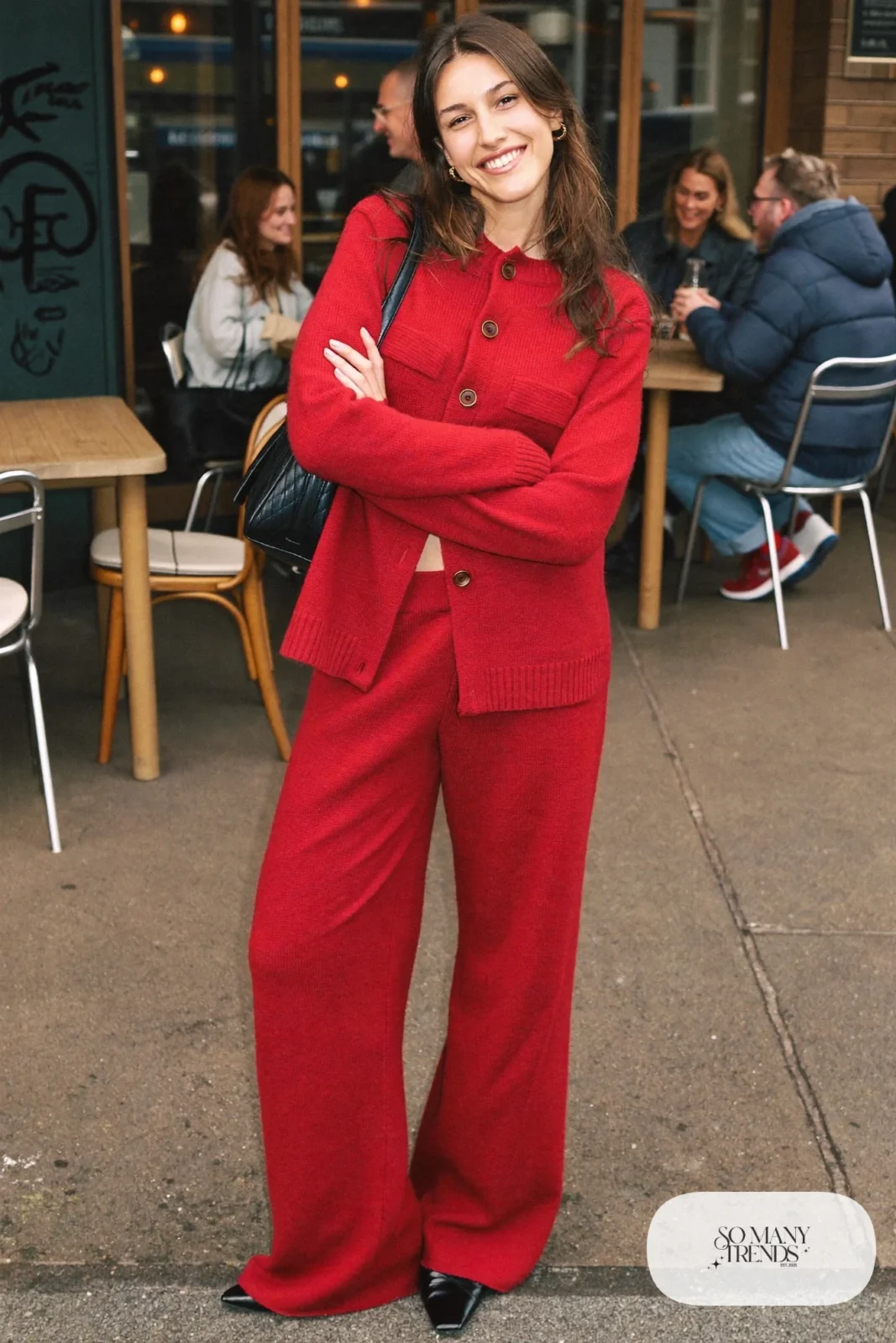 cherry red knit cardigan and wide-leg pants set black pointed flats black quilted bag gold huggies galentines outfit 6