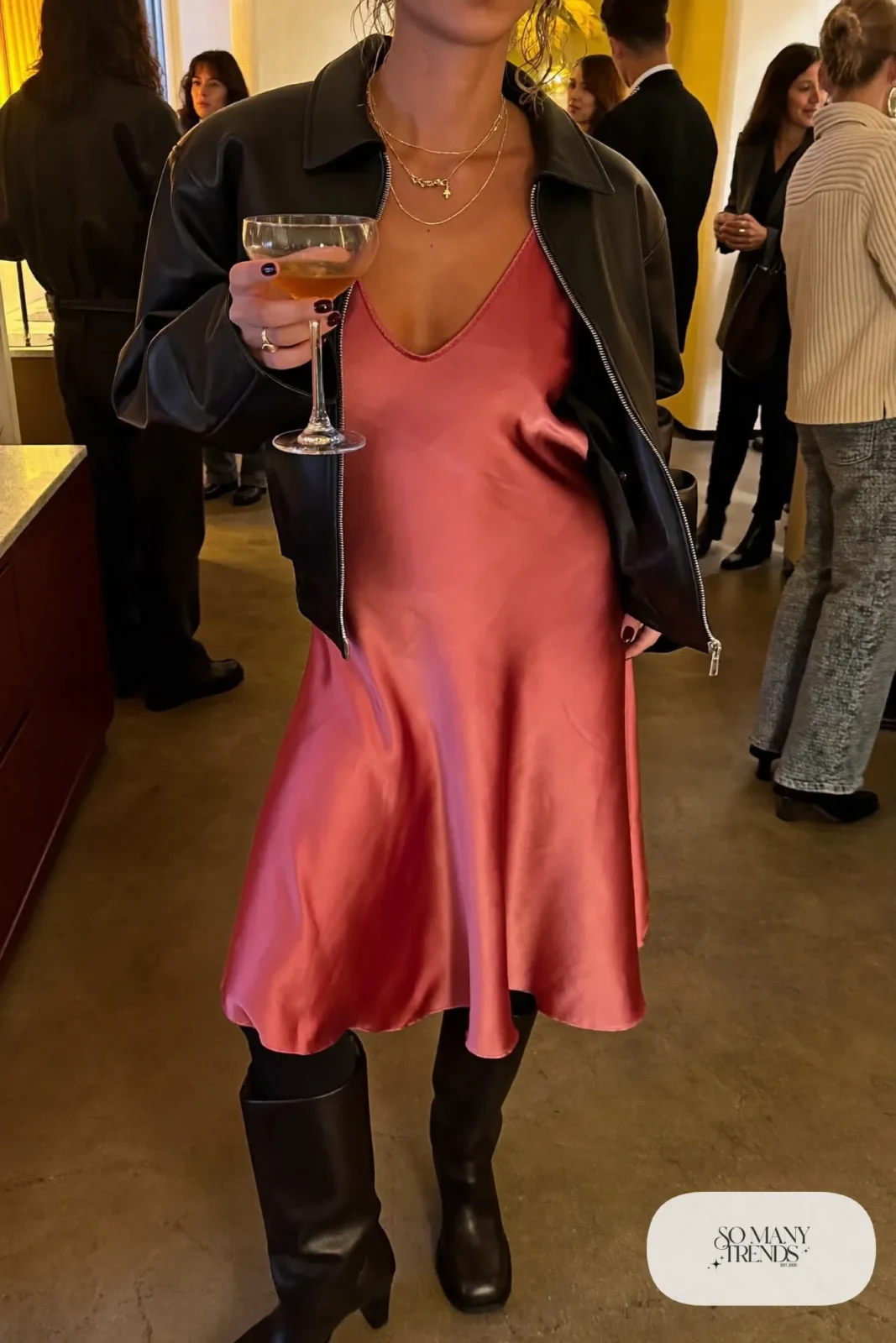 burgundy satin slip midi dress boxy black leather jacket sheer black tights knee-high black boots layered gold necklaces galentines outfit 7