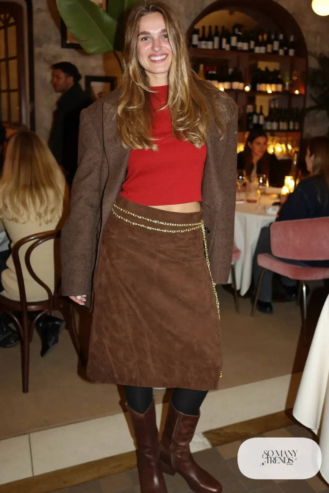 chocolate brown faux suede midi skirt fitted red knit top oversized brown wool blazer tall brown boots gold chain belt galentines outfit 9