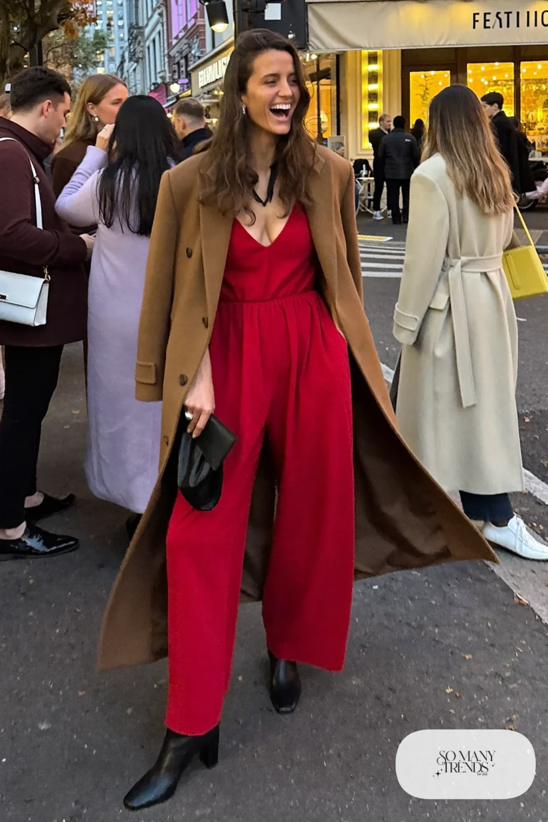 red wide-leg crepe jumpsuit long camel wool coat black block heel ankle boots black clutch galentines outfit 10