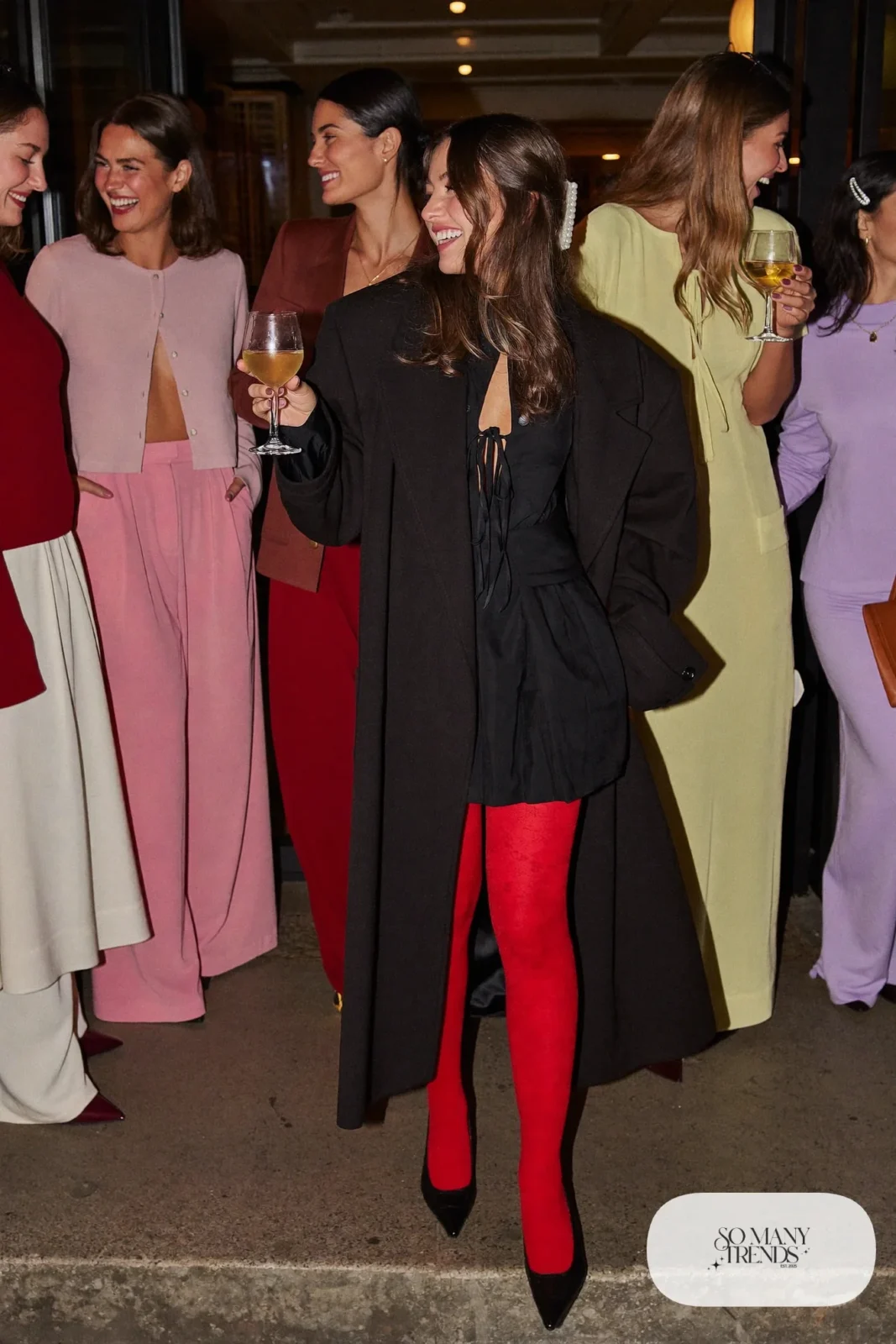 long sleeve black crepe mini dress opaque red tights black pointed pumps long black wool coat pearl hair clip galentines cocktail outfit 12