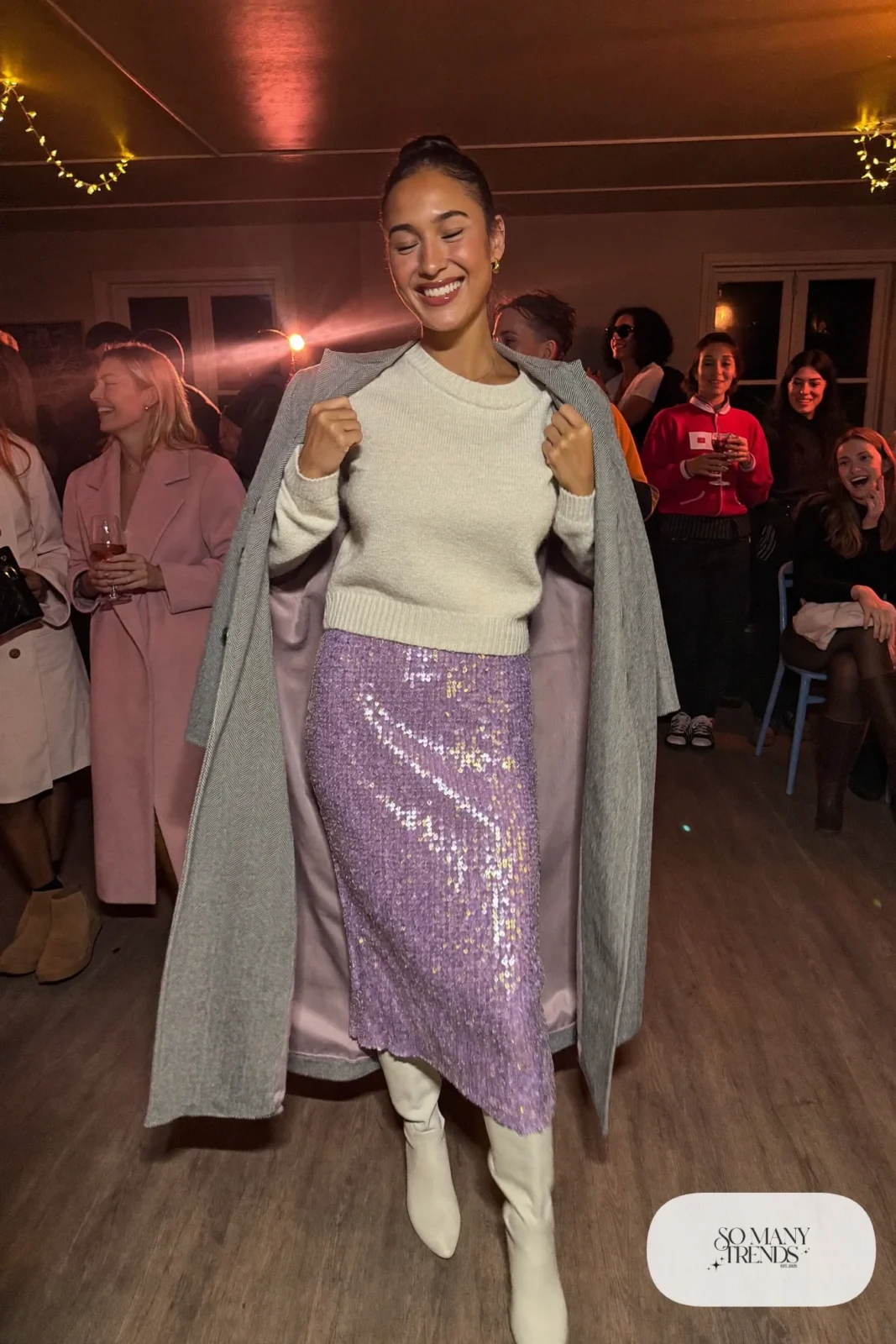 lavender sequin midi skirt cream fine knit sweater long gray wool coat cream knee-high boots galentines cocktail outfit 13