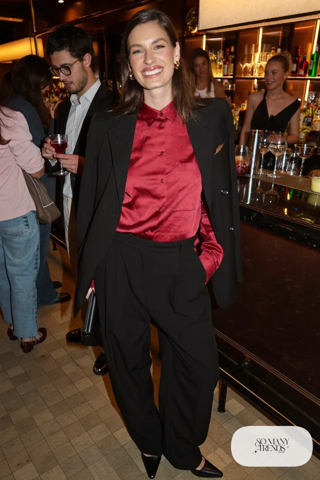 red satin button-up shirt high-waisted black wide-leg pants oversized black blazer black pointed pumps gold hoops black clutch galentines cocktail outfit 16