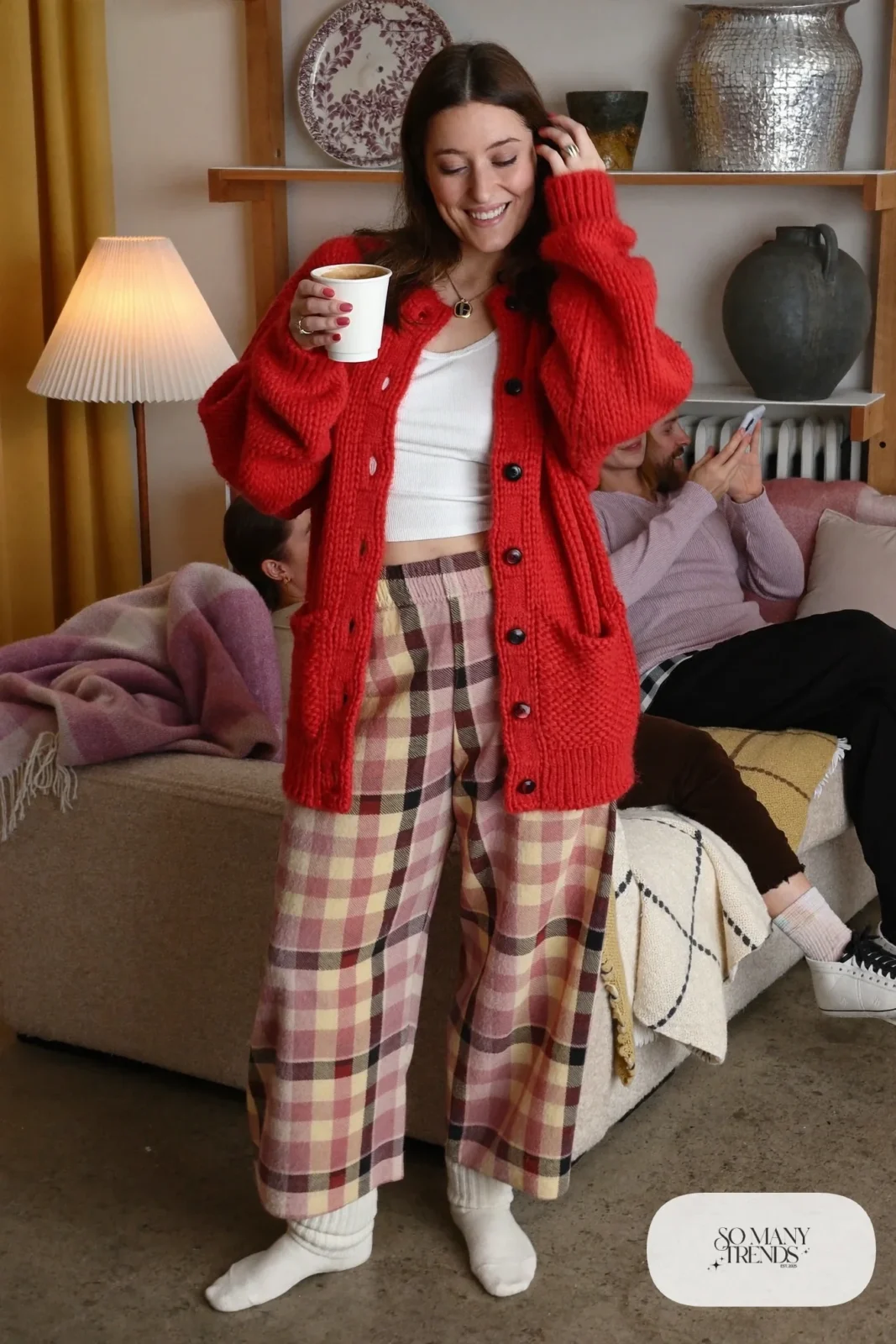chunky red oversized cardigan white ribbed tank pink cream plaid wide-leg lounge pants chunky white socks galentines movie night outfit 23