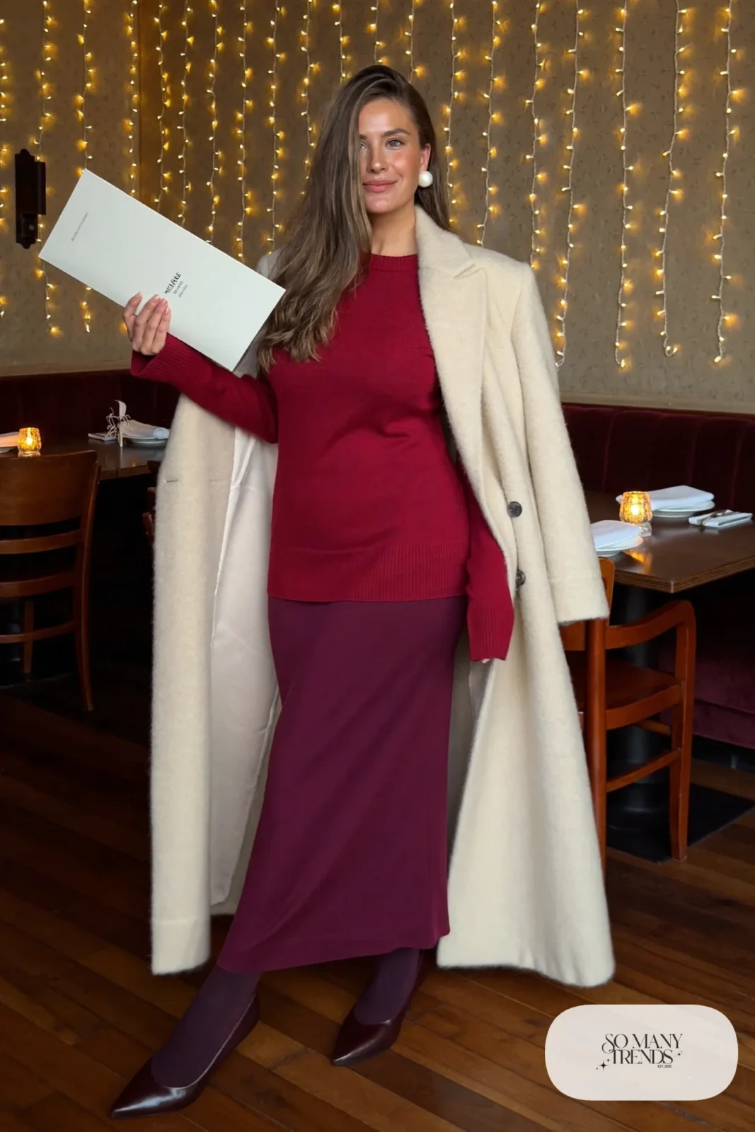 burgundy matching knit top and long skirt set cream coat sheer tights brown pumps outfit 6
