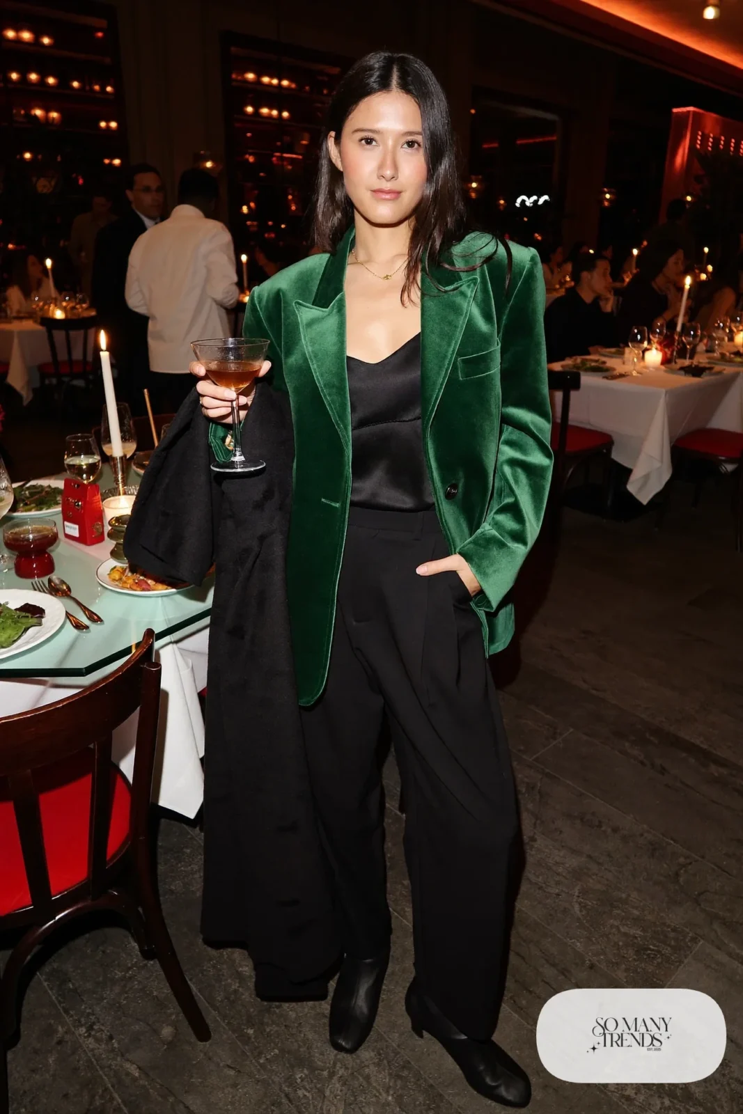 forest green velvet oversized blazer black camisole black wide-leg pants black heeled boots long black coat outfit 22