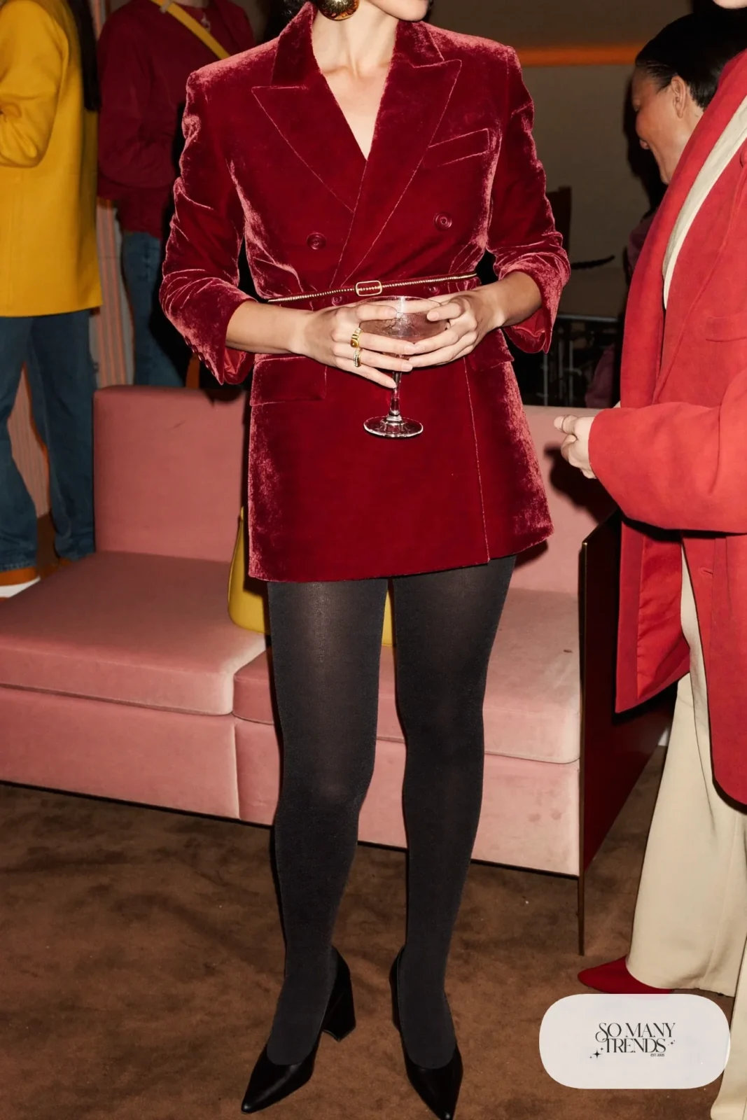 burgundy velvet double-breasted blazer dress black sheer tights black block heel pumps gold earrings galentines cocktail outfit 14