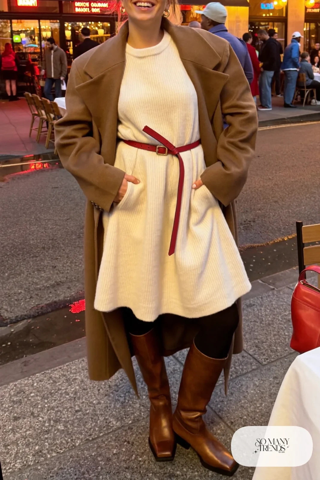 cream ribbed knit midi dress red leather belt long camel coat tall brown boots galentines dinner outfit 19