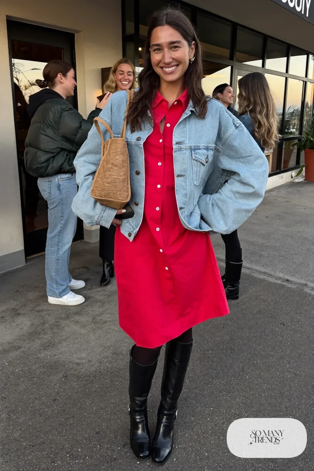 red cotton shirt midi dress oversized light wash denim jacket tall black boots woven tote bag galentines dinner outfit 21
