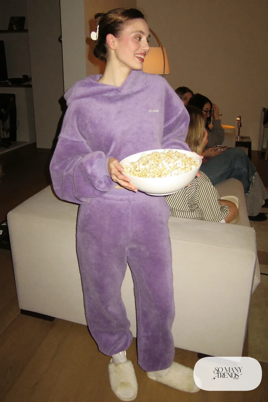 lavender boxy hoodie and straight-leg sweatpants set white socks cozy slides claw clip galentines movie night outfit 24