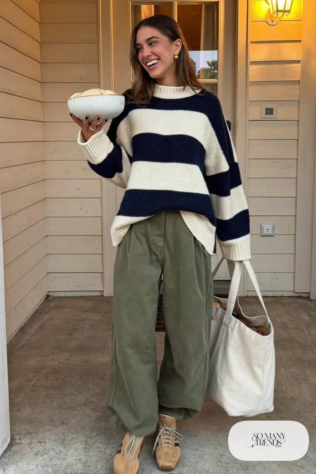 rugby stripe knit sweater olive wide-leg pants suede sneakers canvas tote outfit 8