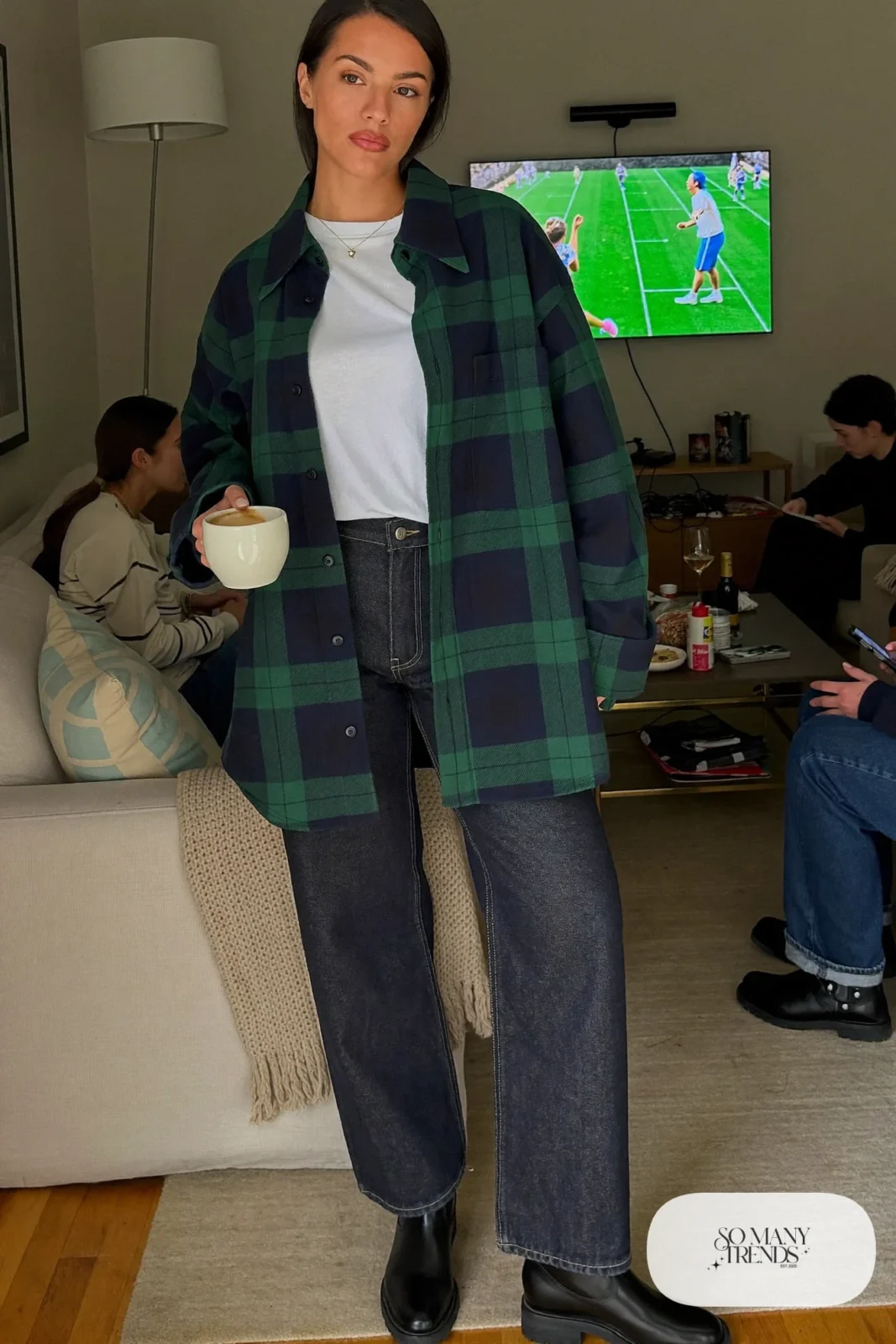 green plaid flannel overshirt white tee barrel jeans lug-sole boots outfit 10