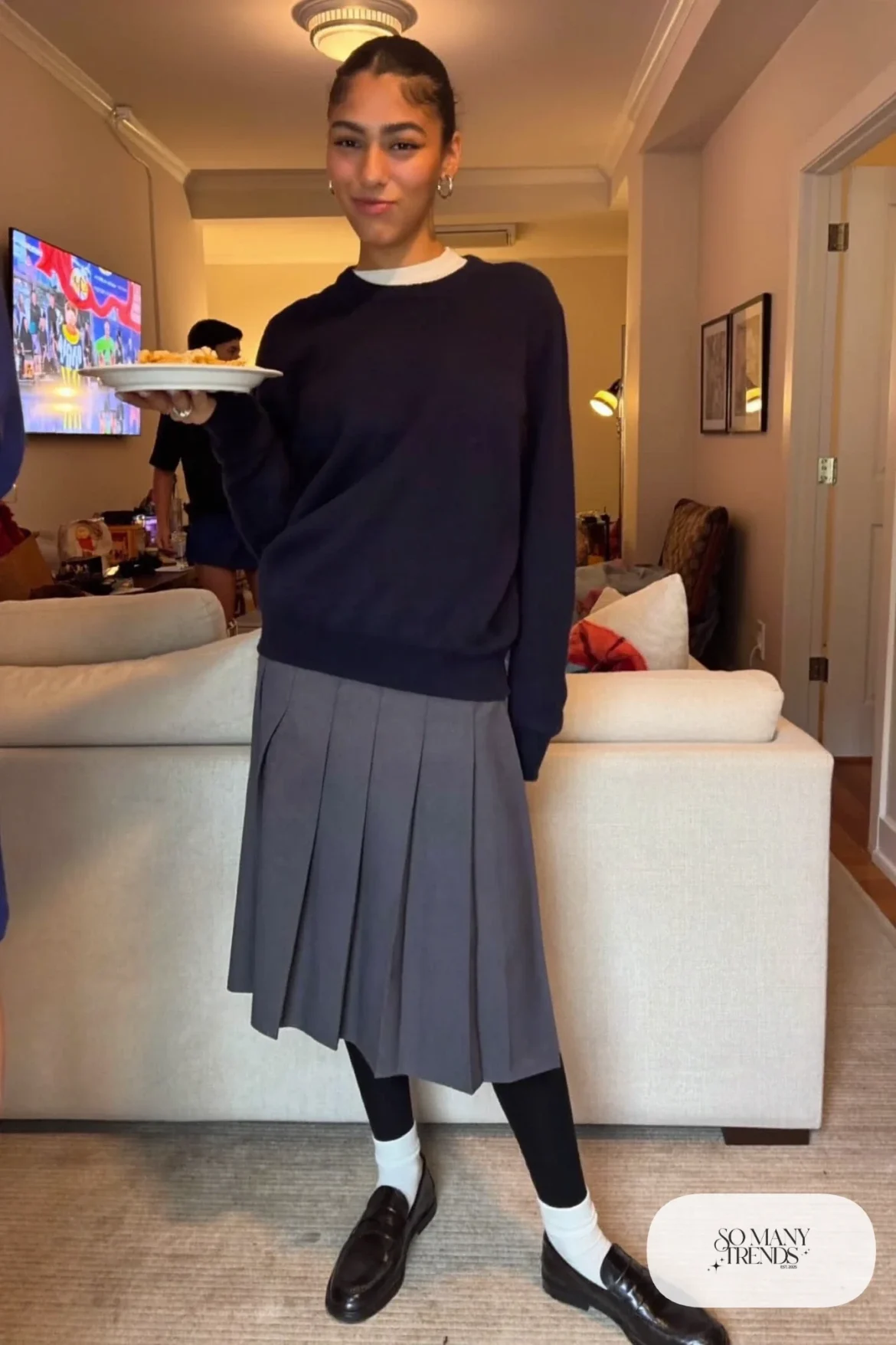 gray pleated midi skirt oversized navy sweater black loafers white socks outfit 16